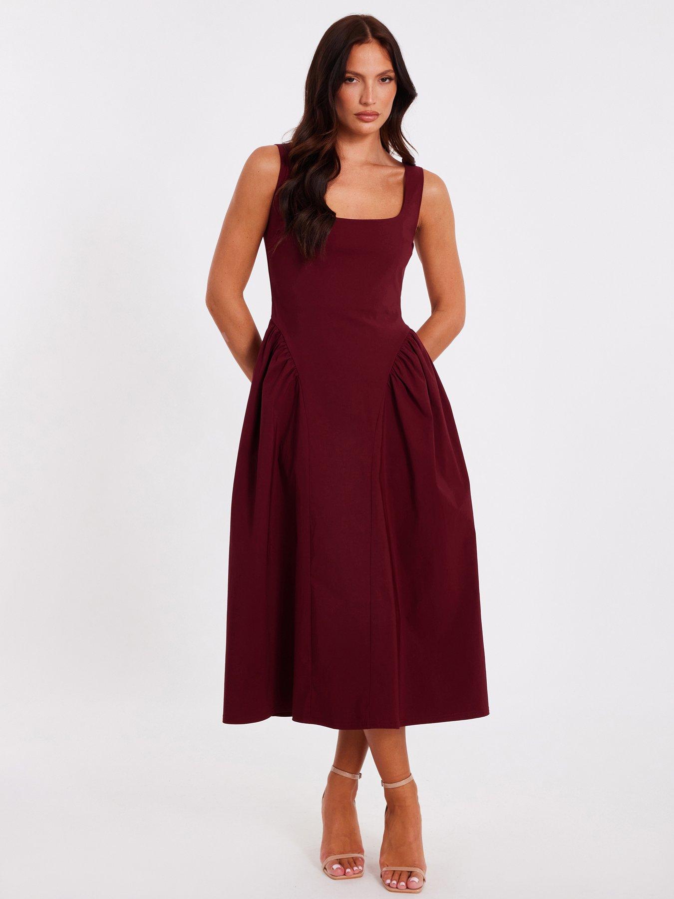 Image 1 of 6 of Quiz Dark Red Gathered Side Midi Dress