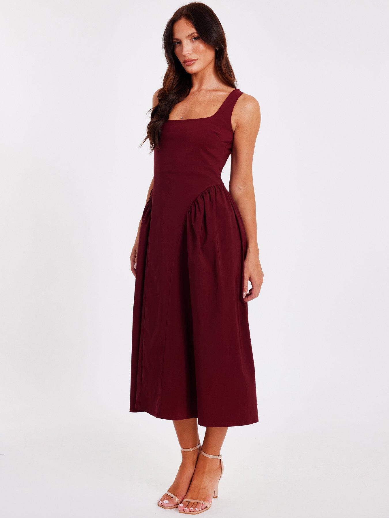 Image 3 of 6 of Quiz Dark Red Gathered Side Midi Dress