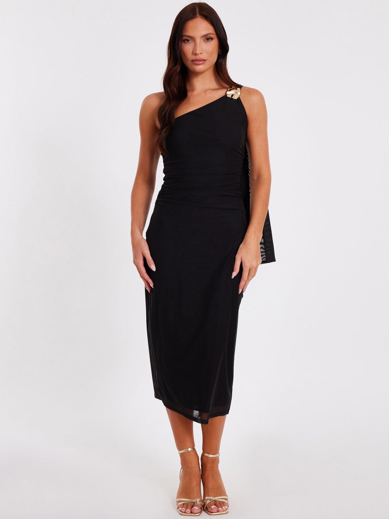 Image 1 of 6 of Quiz Black Mesh One Shoulder Midi Dress