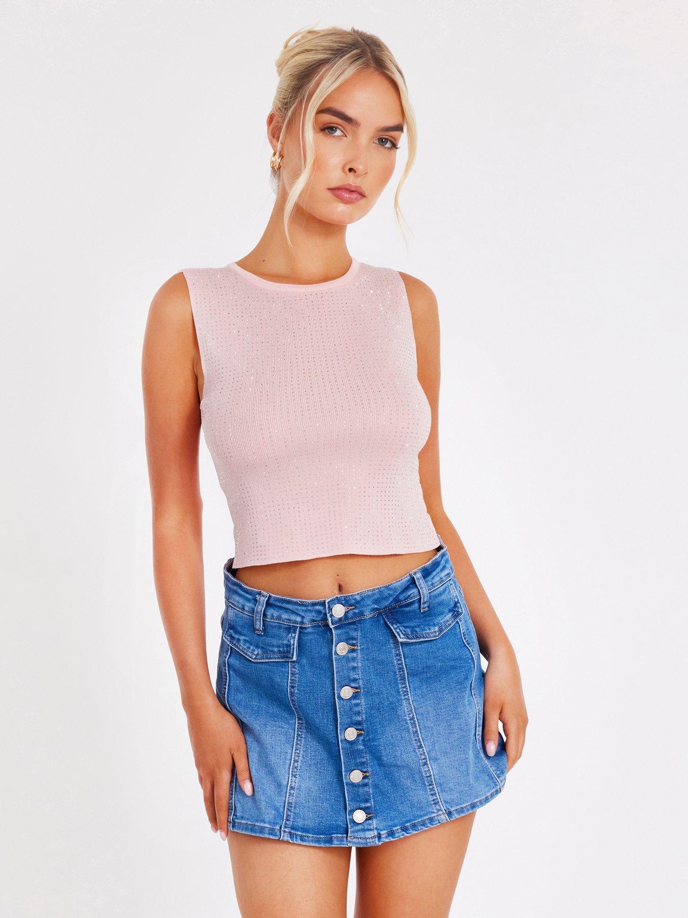 Image 1 of 6 of Quiz Pale Pink Knit Diamante Crop Top