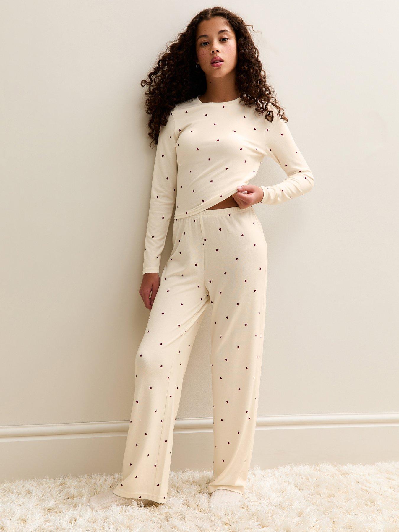  image of new-look-915-girls-ribbed-heart-print-top-and-trousers-pyjama-set-cream