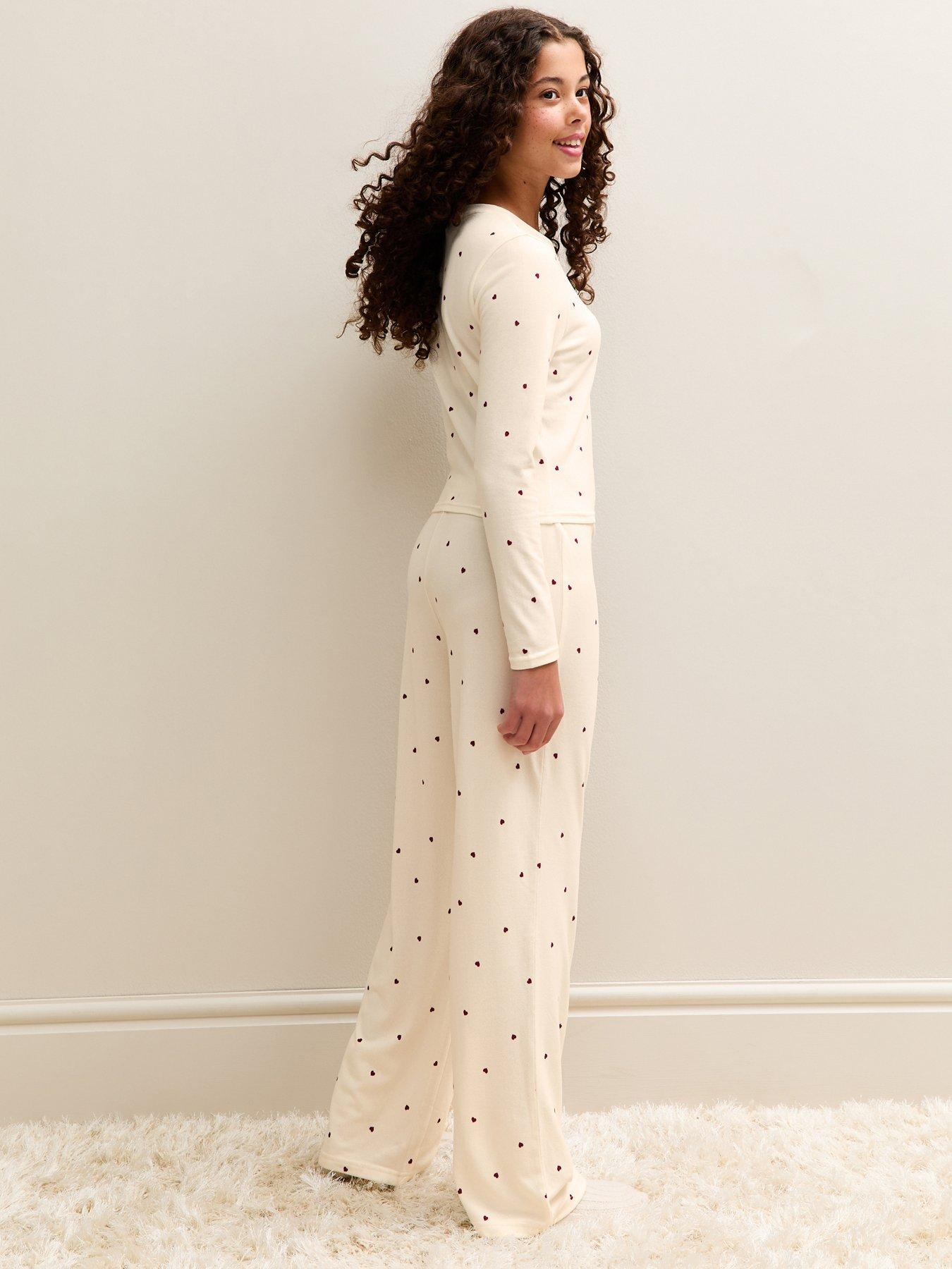 stillFront image of new-look-915-girls-ribbed-heart-print-top-and-trousers-pyjama-set-cream
