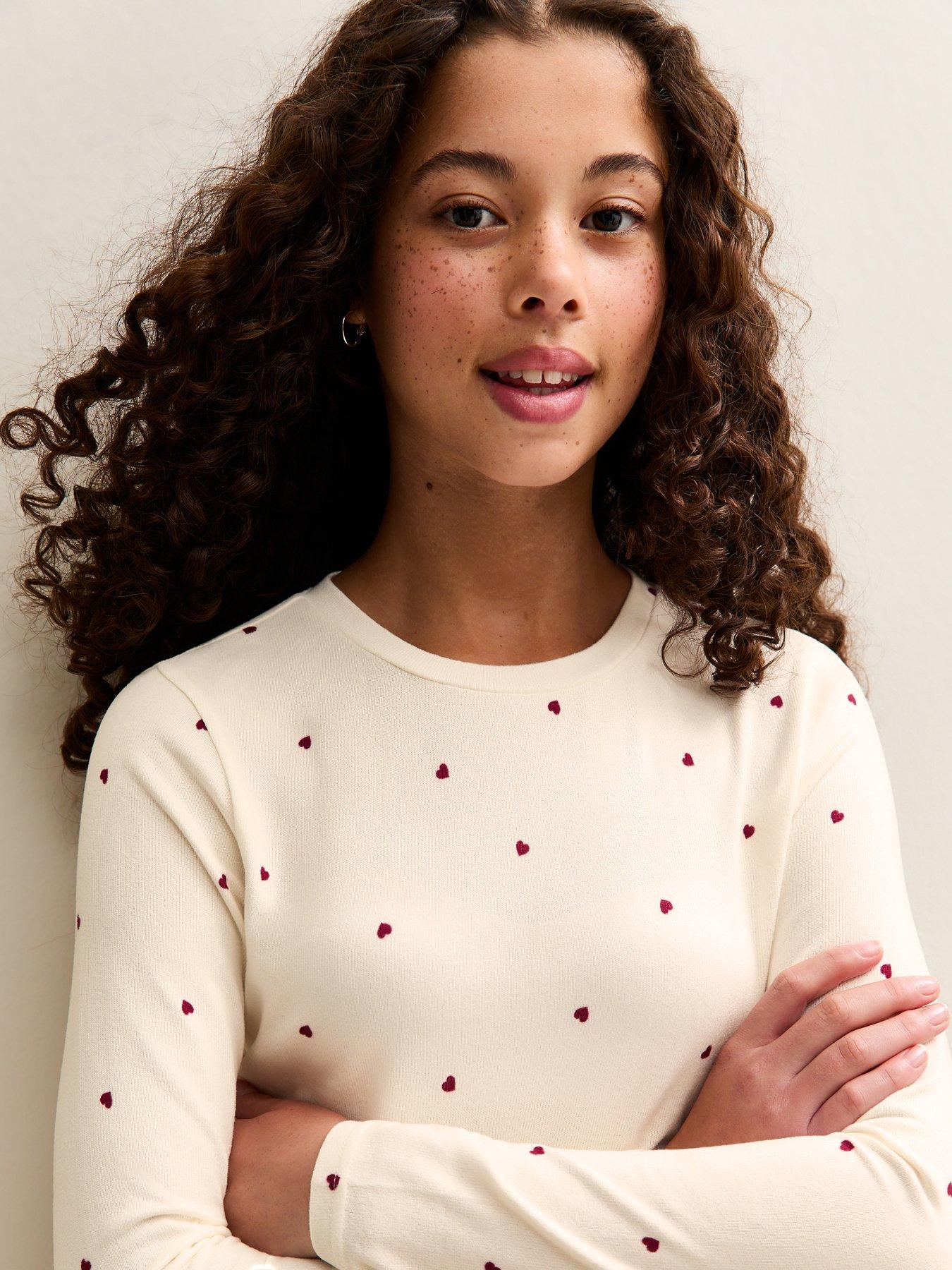  image of new-look-915-girls-ribbed-heart-print-top-and-trousers-pyjama-set-cream