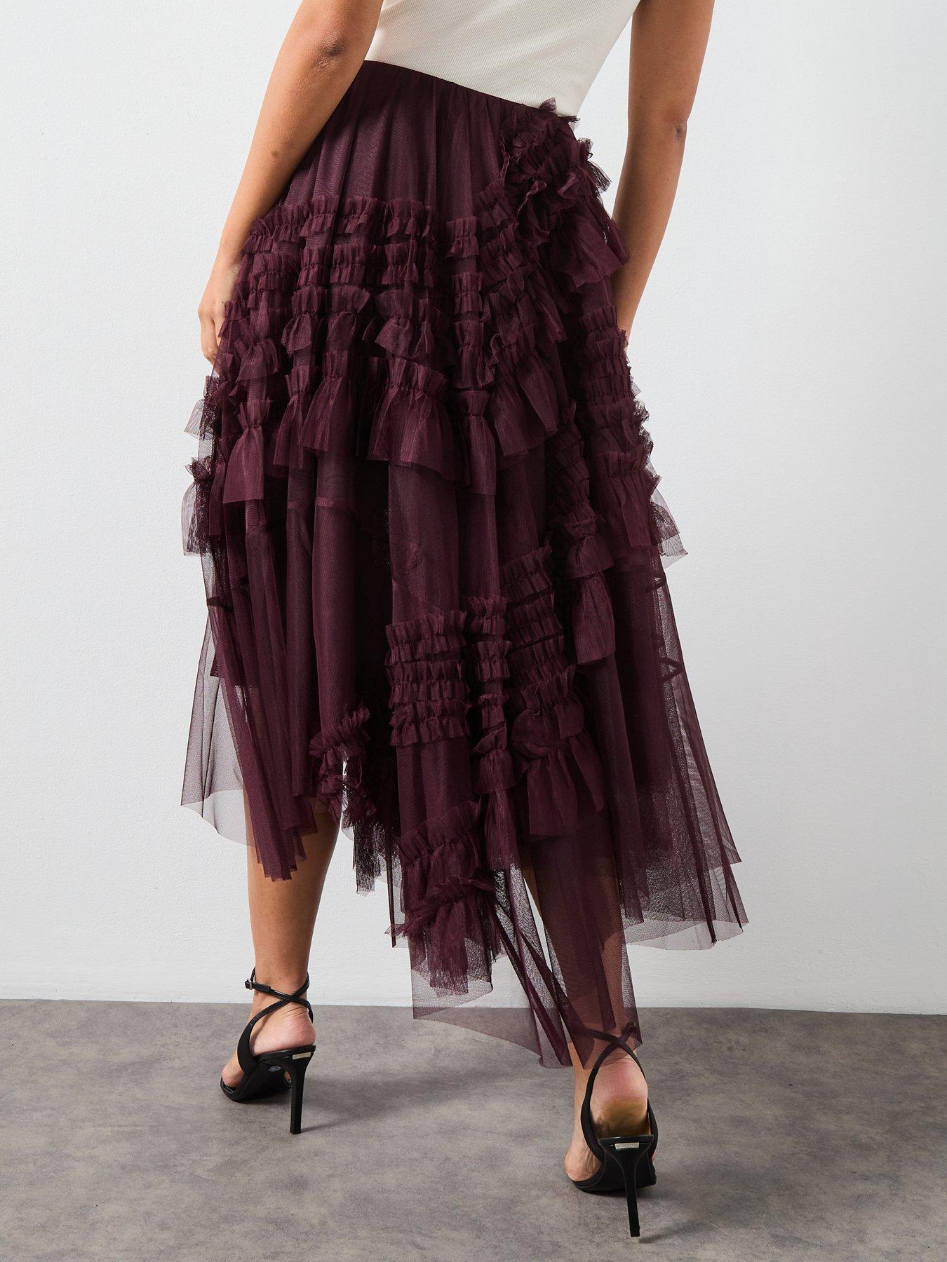Image 2 of 6 of AllSaints Jen Tulle Skirt - Dark Red