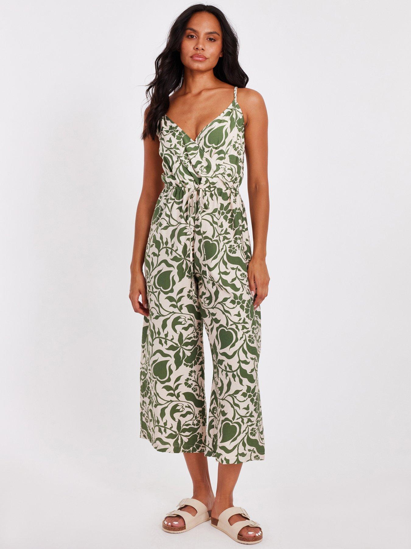 undefined Khaki Tropical Print Jumpsuit