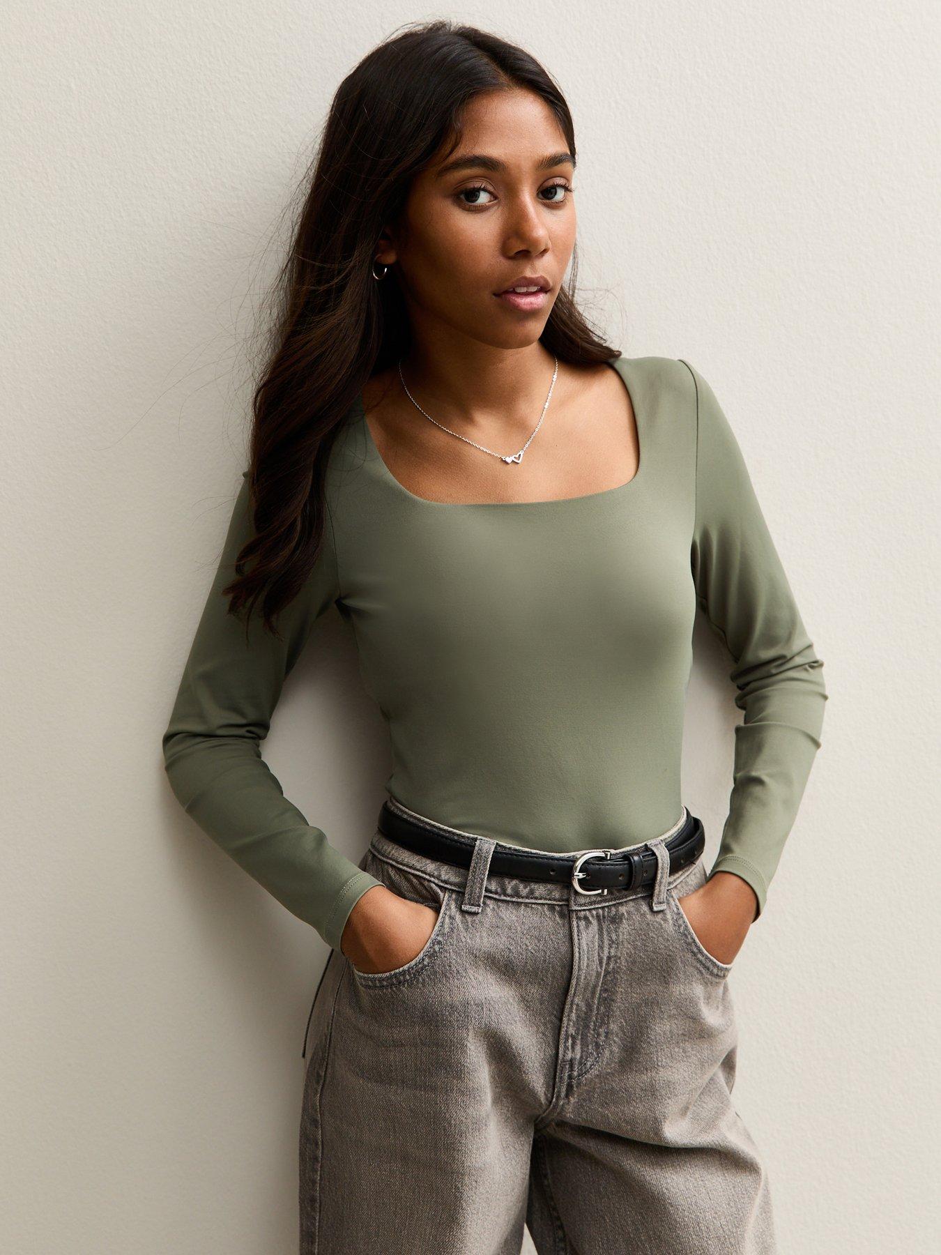  image of new-look-915-girls-long-sleeve-square-neck-top-light-khaki