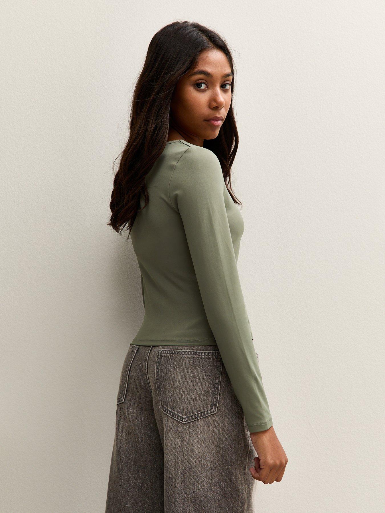 stillFront image of new-look-915-girls-long-sleeve-square-neck-top-light-khaki