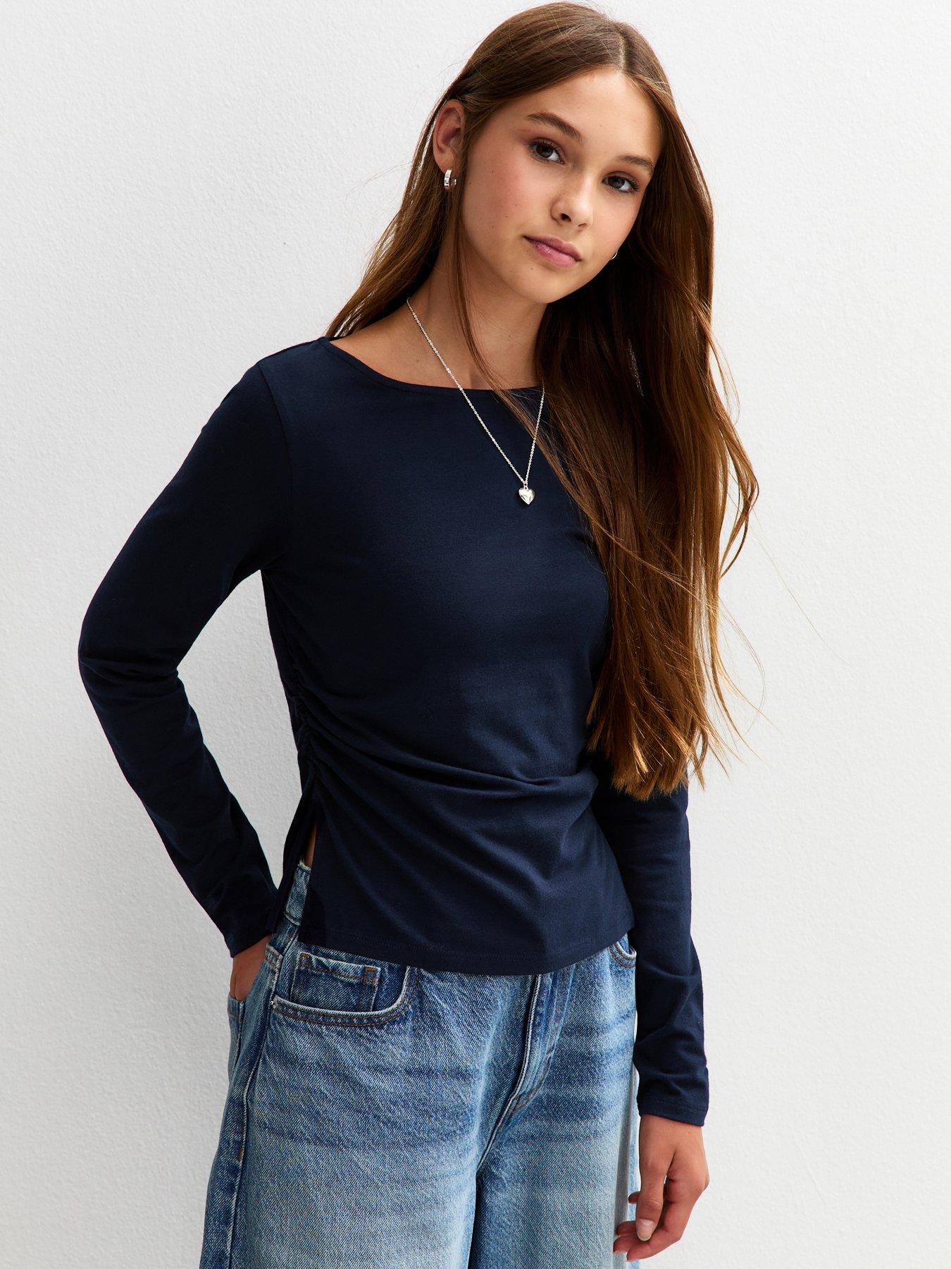  image of new-look-915-girls-long-sleeve-ruched-side-slit-top-navy