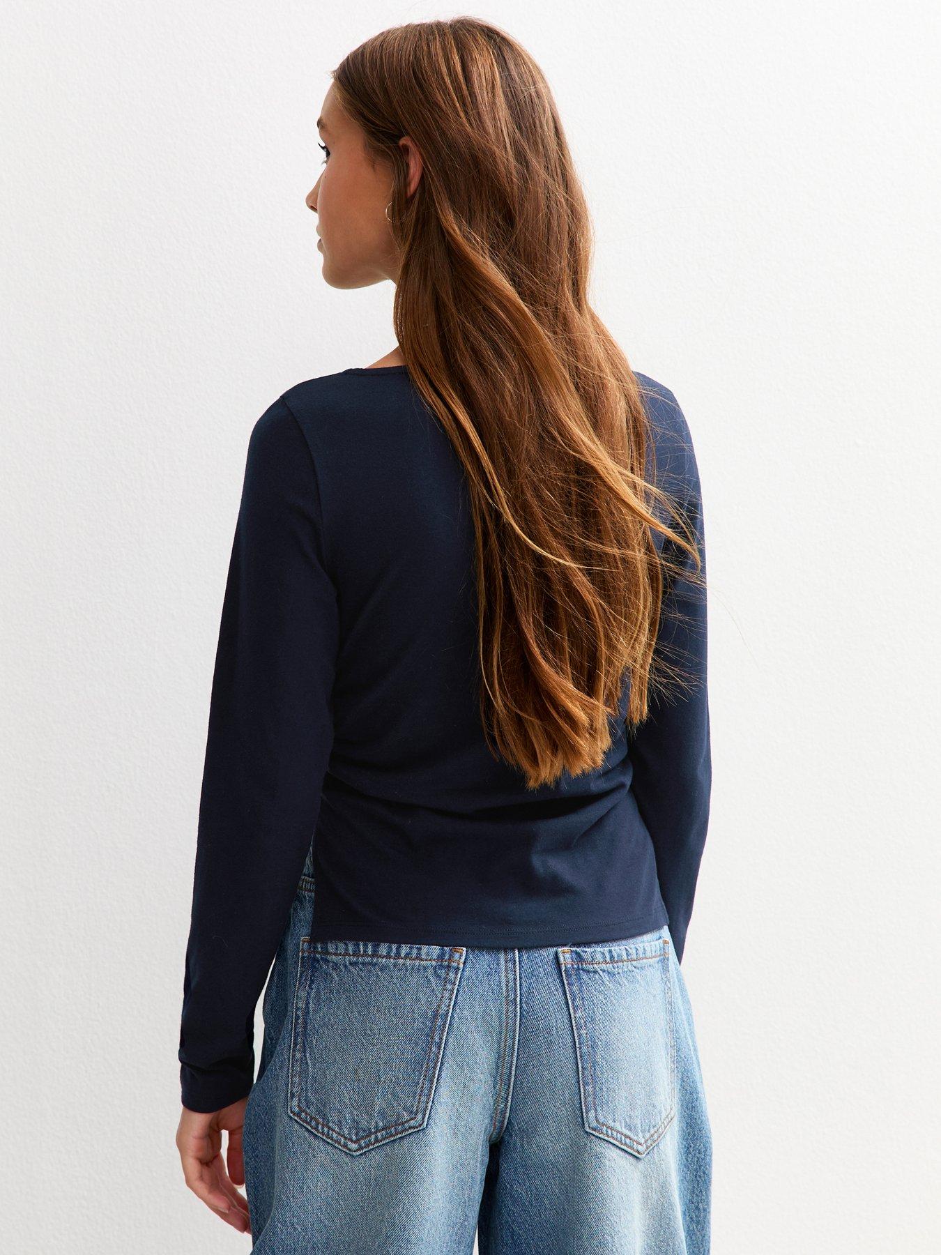 image of new-look-915-girls-long-sleeve-ruched-side-slit-top-navy