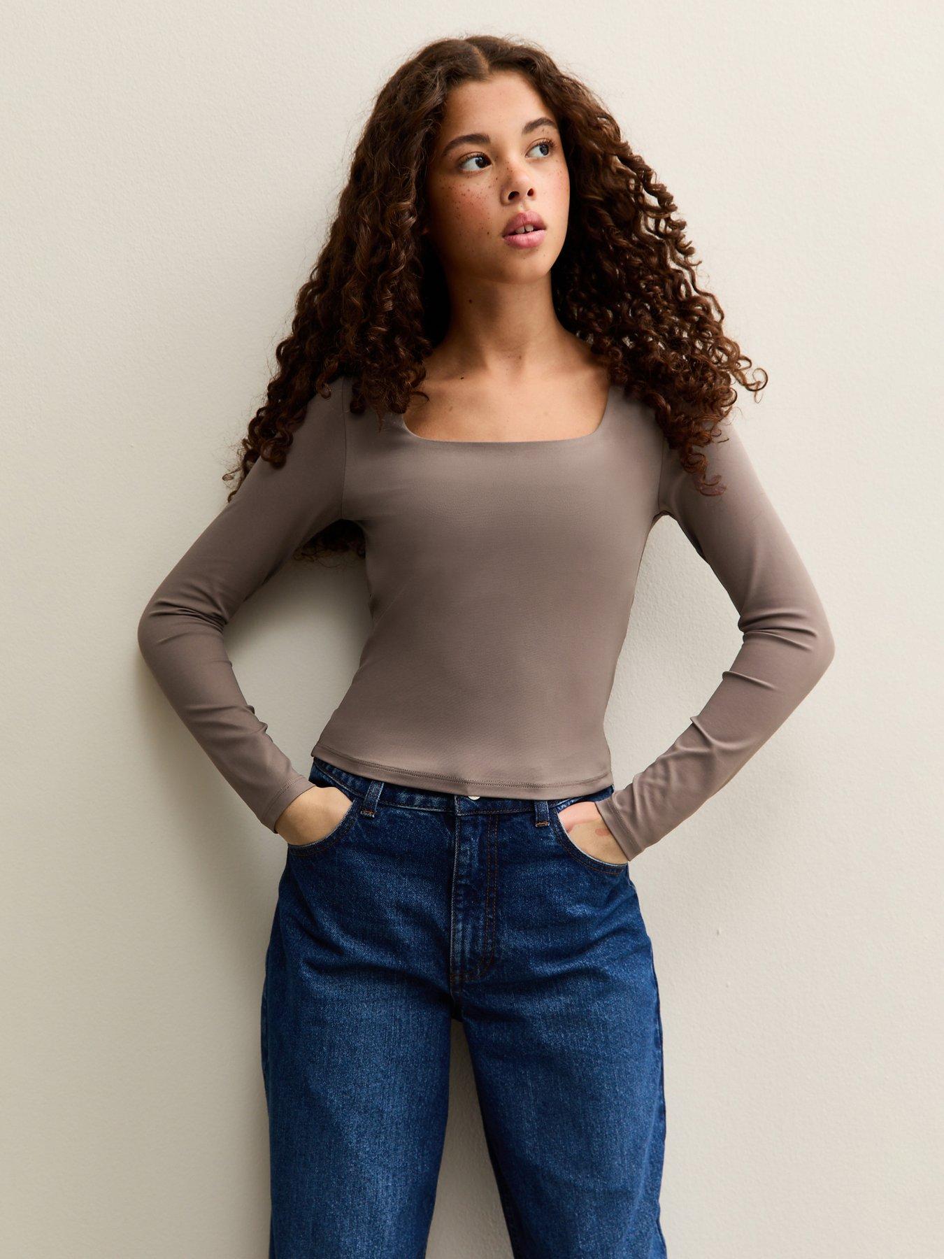  image of new-look-915-girls-mink-long-sleeve-square-neck-top-beige