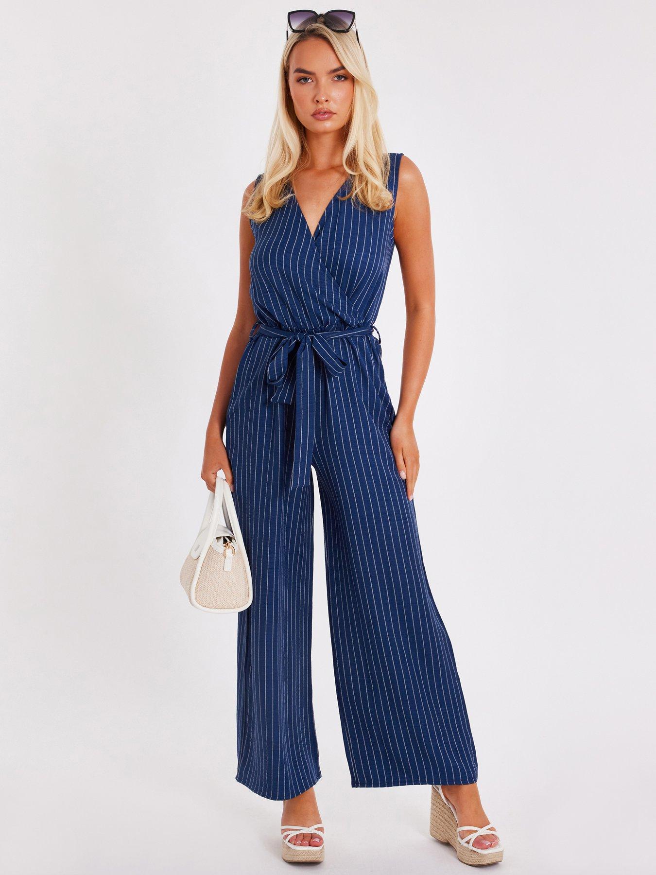 undefined Blue Linen Striped Jumpsuit