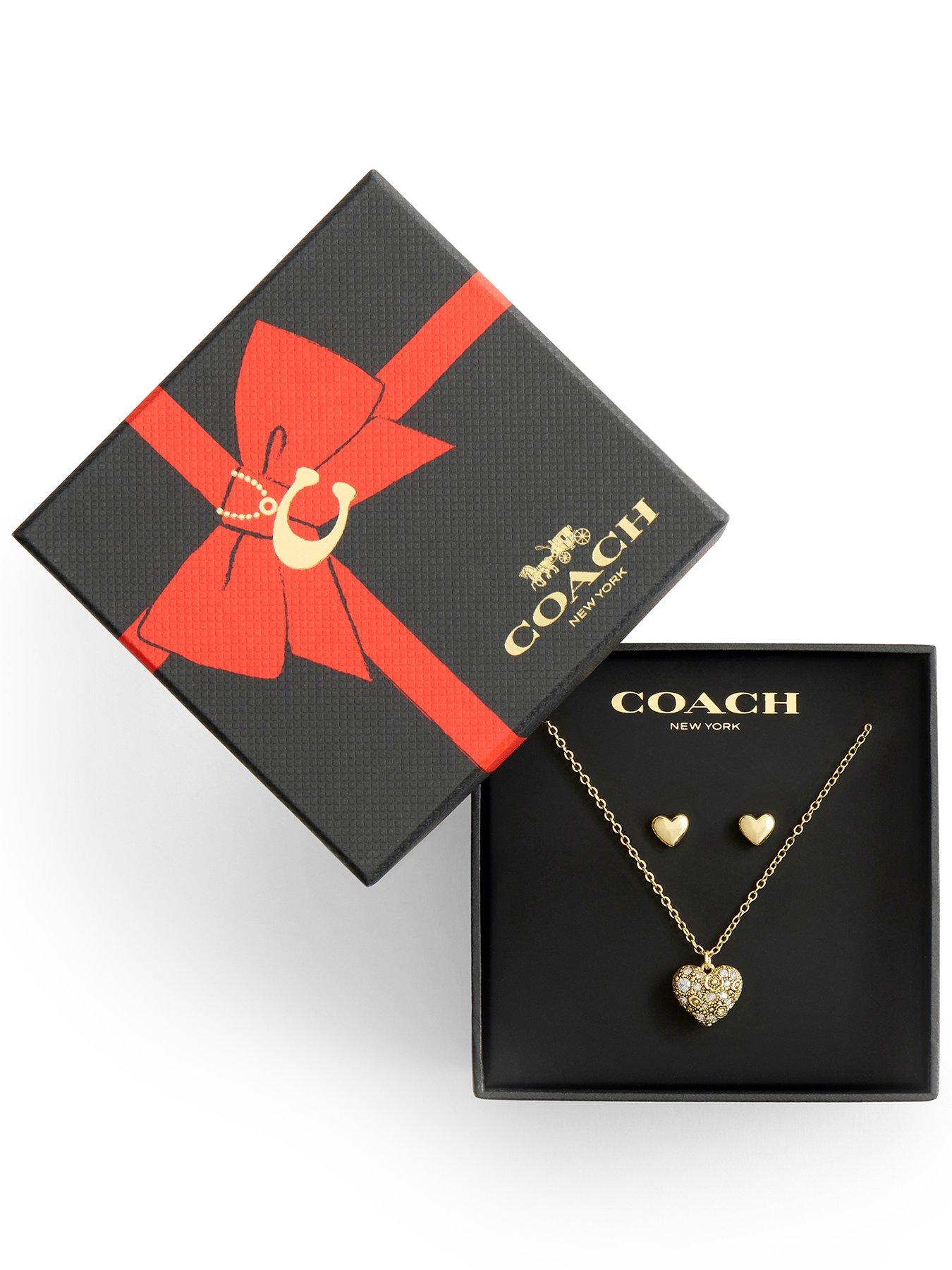 COACH Earring Necklace Pave Heart Set Boxed - Gold