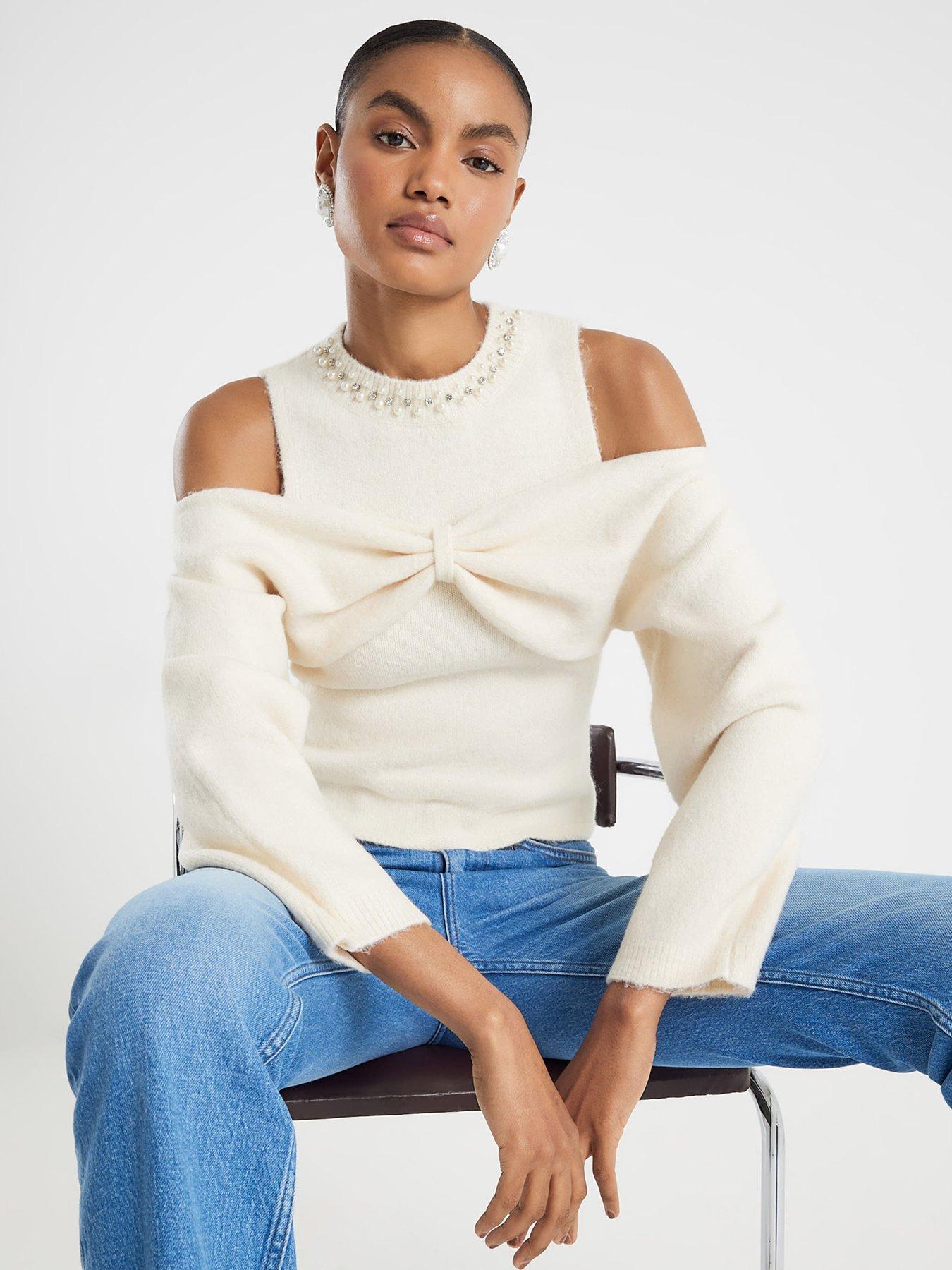 River Island Cold Shoulder Bow Top - Cream