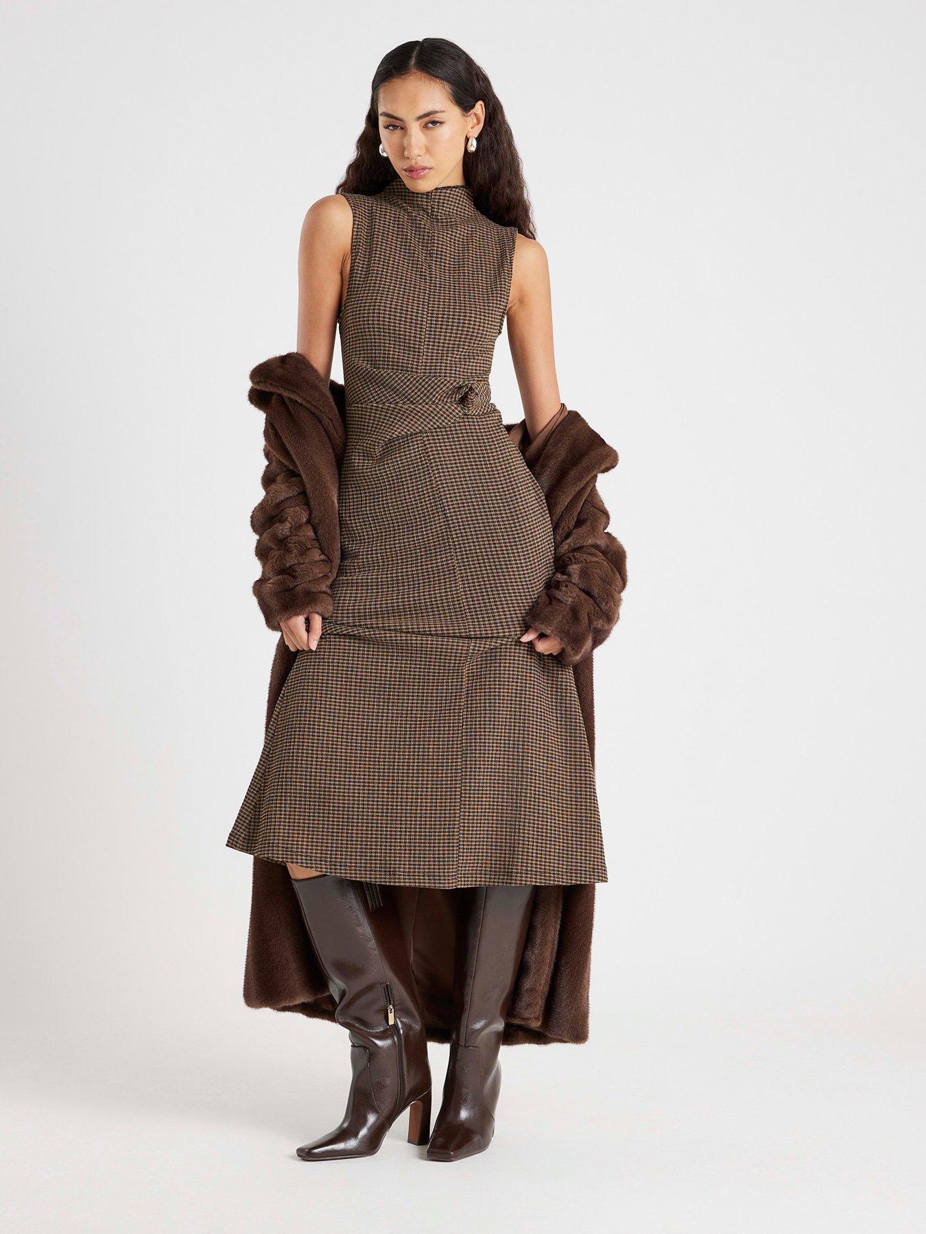  image of river-island-short-sleeve-twist-side-check-dress-brown