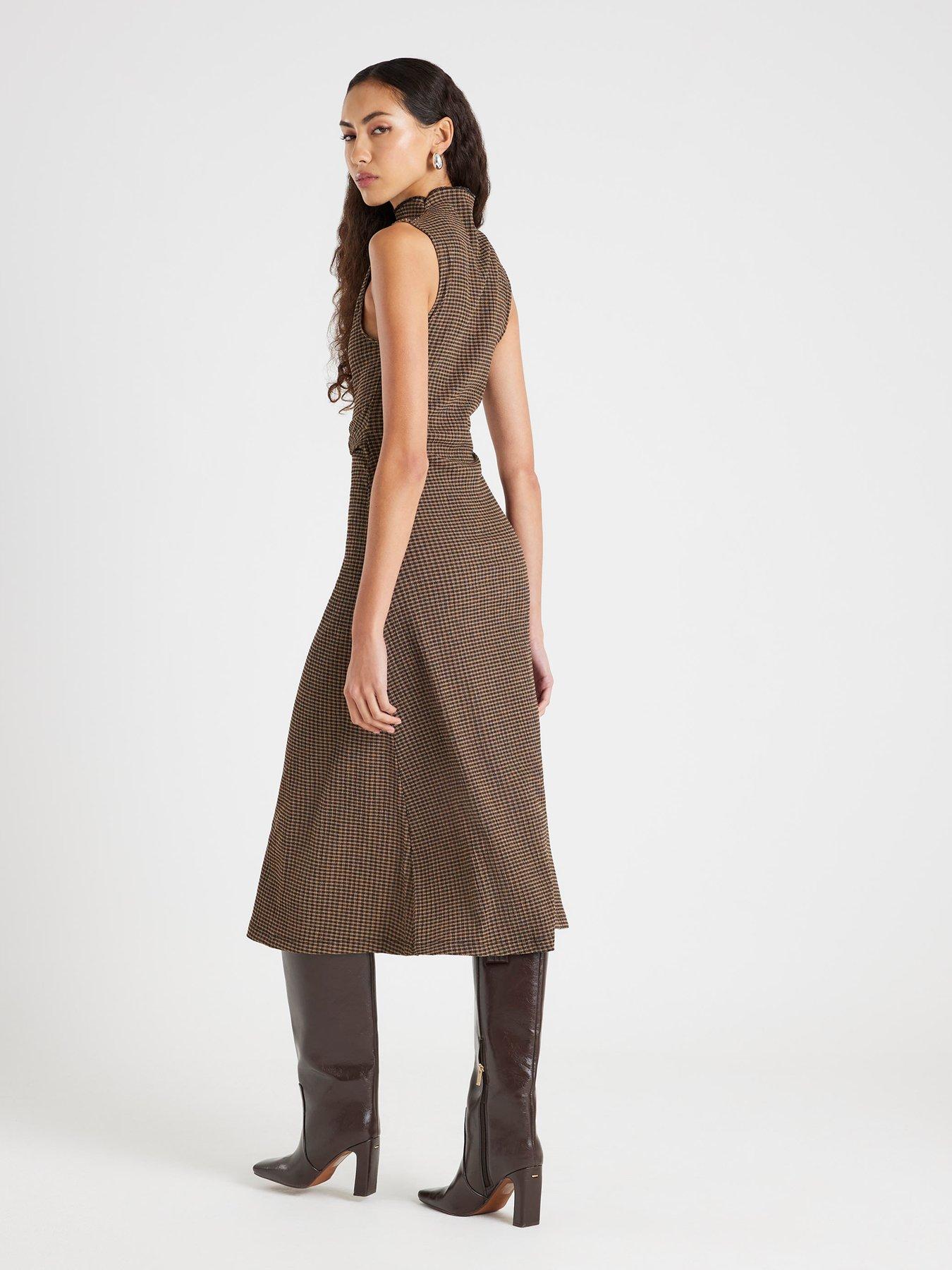  image of river-island-short-sleeve-twist-side-check-dress-brown