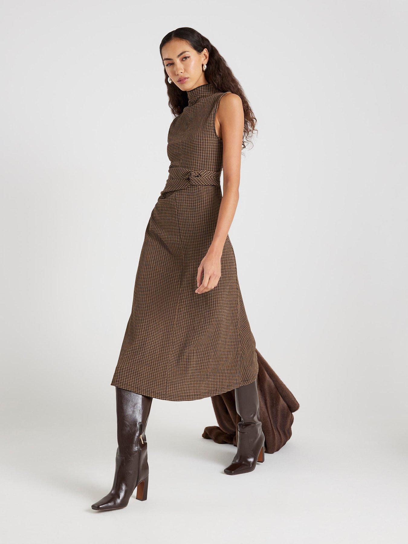  image of river-island-short-sleeve-twist-side-check-dress-brown
