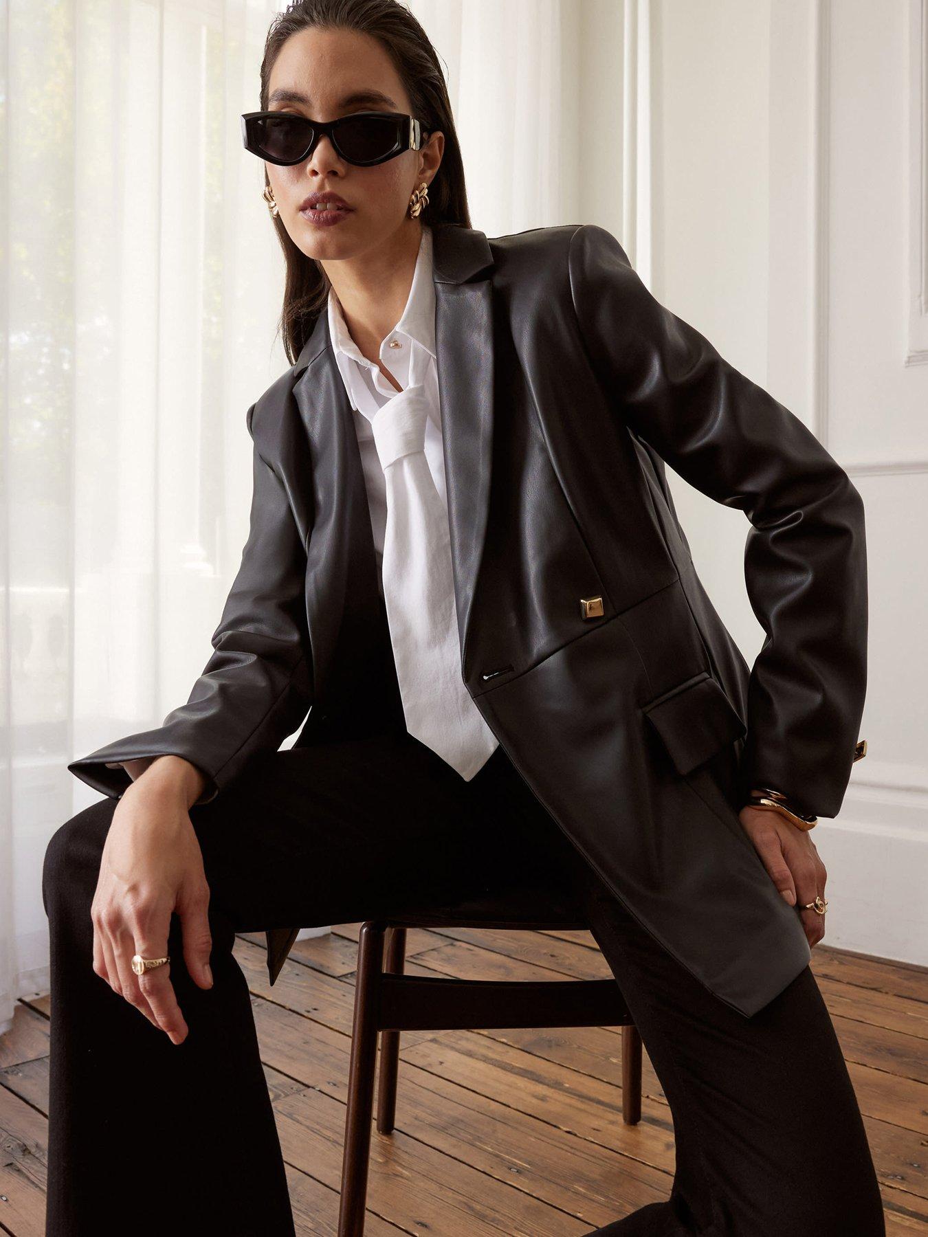 Image 1 of 4 of River Island X Olivia Attwood PU Fitted Blazer - Black