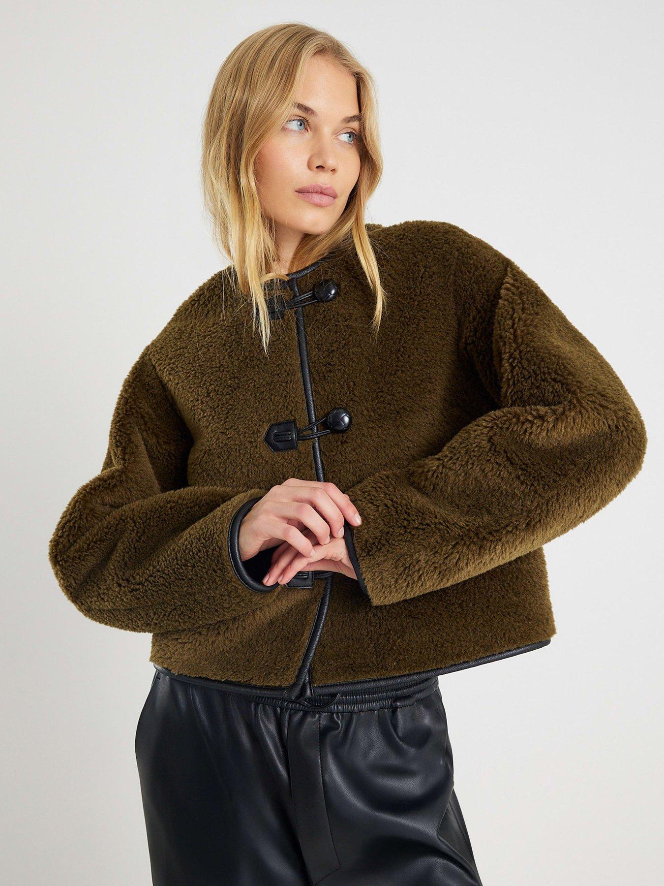 River Island Borg Button Through Duffle - Khaki