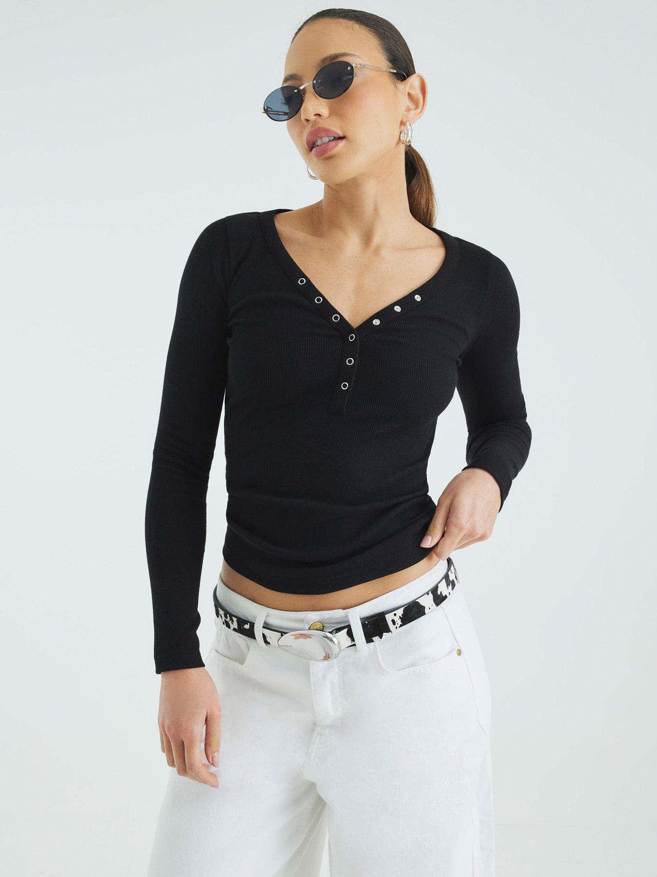  image of river-island-long-sleeve-popper-rib-top-black