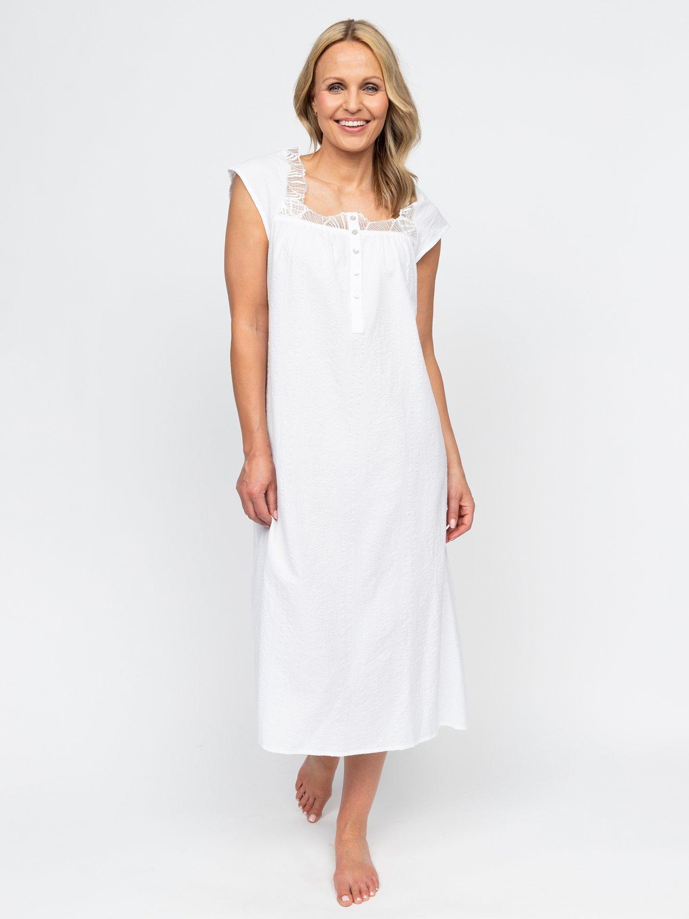 undefined Christina Seersucker Cap Sleeve Long Nightdress - White