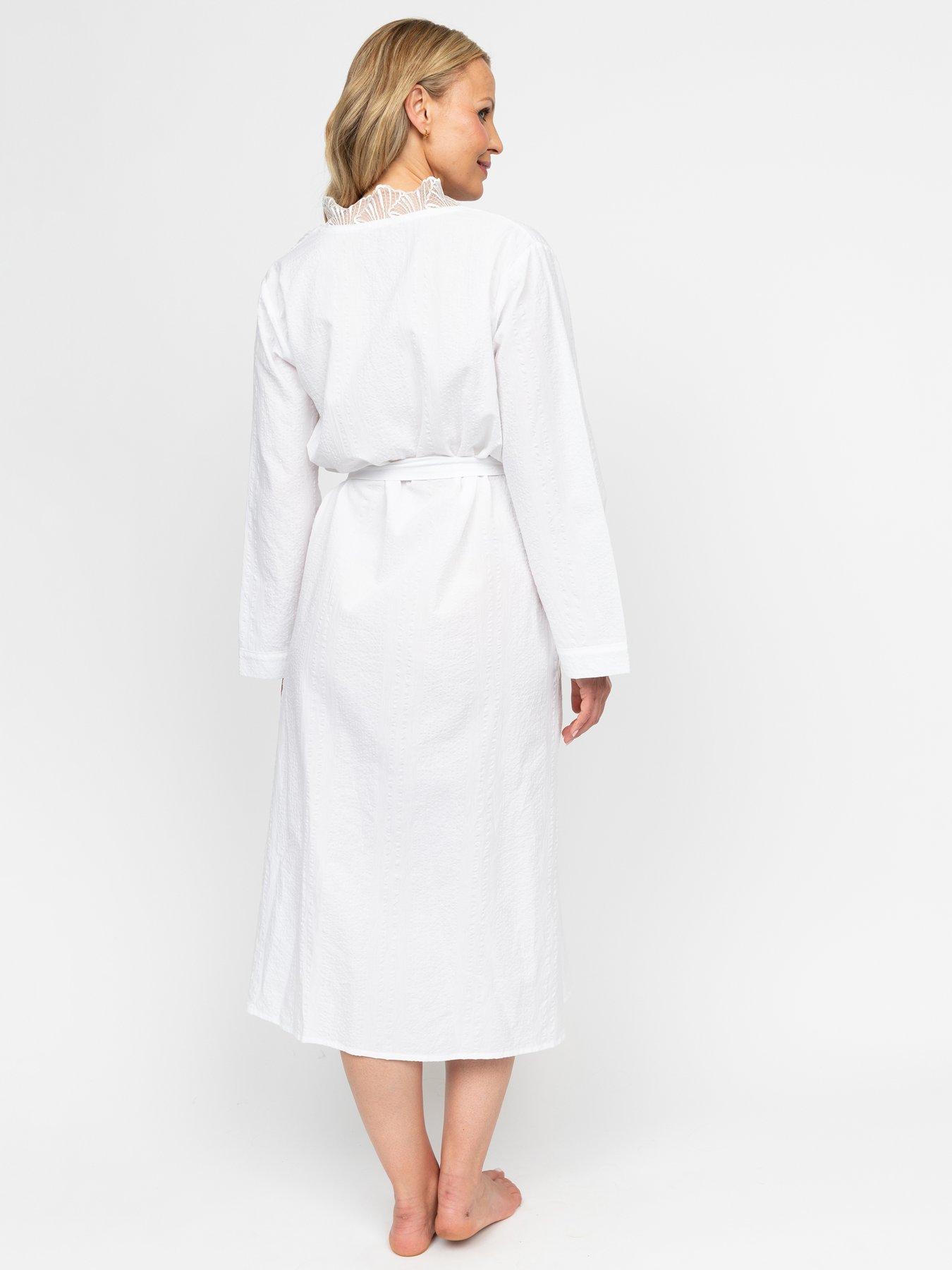 Image 2 of 3 of Nora Rose Christina Seersucker Long Sleeve Long Dressing Gown - White
