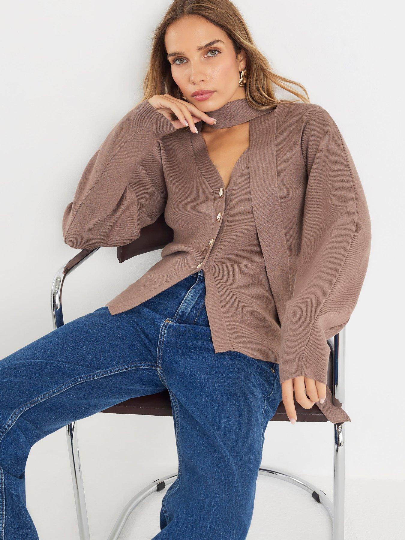 Image 1 of 4 of River Island Tie Neck Knit Cardigan - Brown