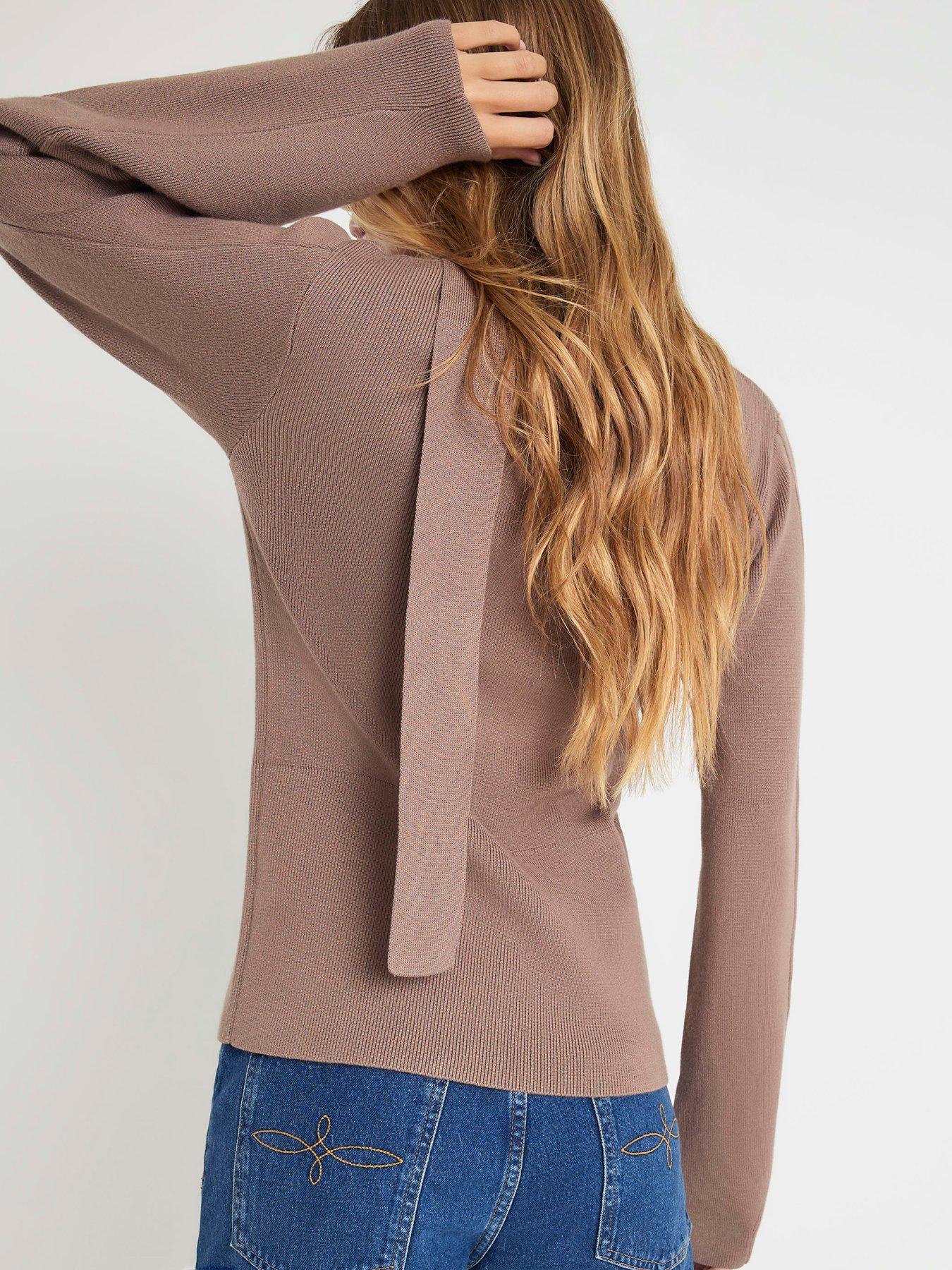Image 2 of 4 of River Island Tie Neck Knit Cardigan - Brown