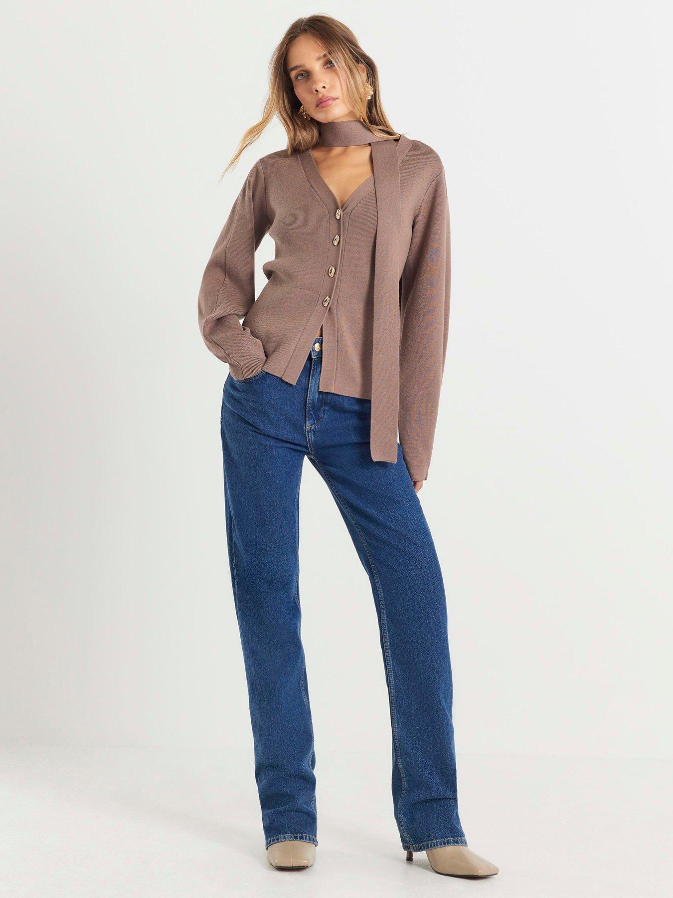 Image 3 of 4 of River Island Tie Neck Knit Cardigan - Brown