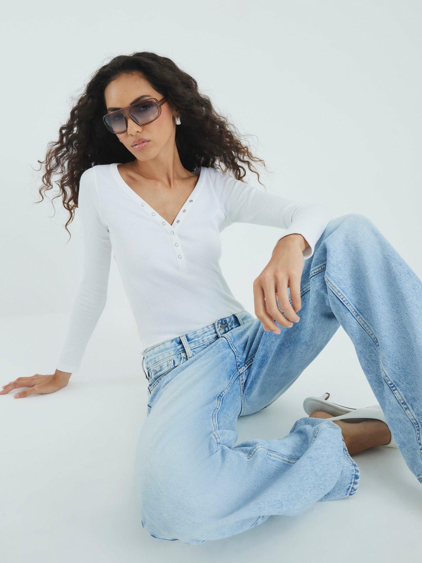 Image 2 of 4 of River Island Long Sleeve Popper Rib Top - White
