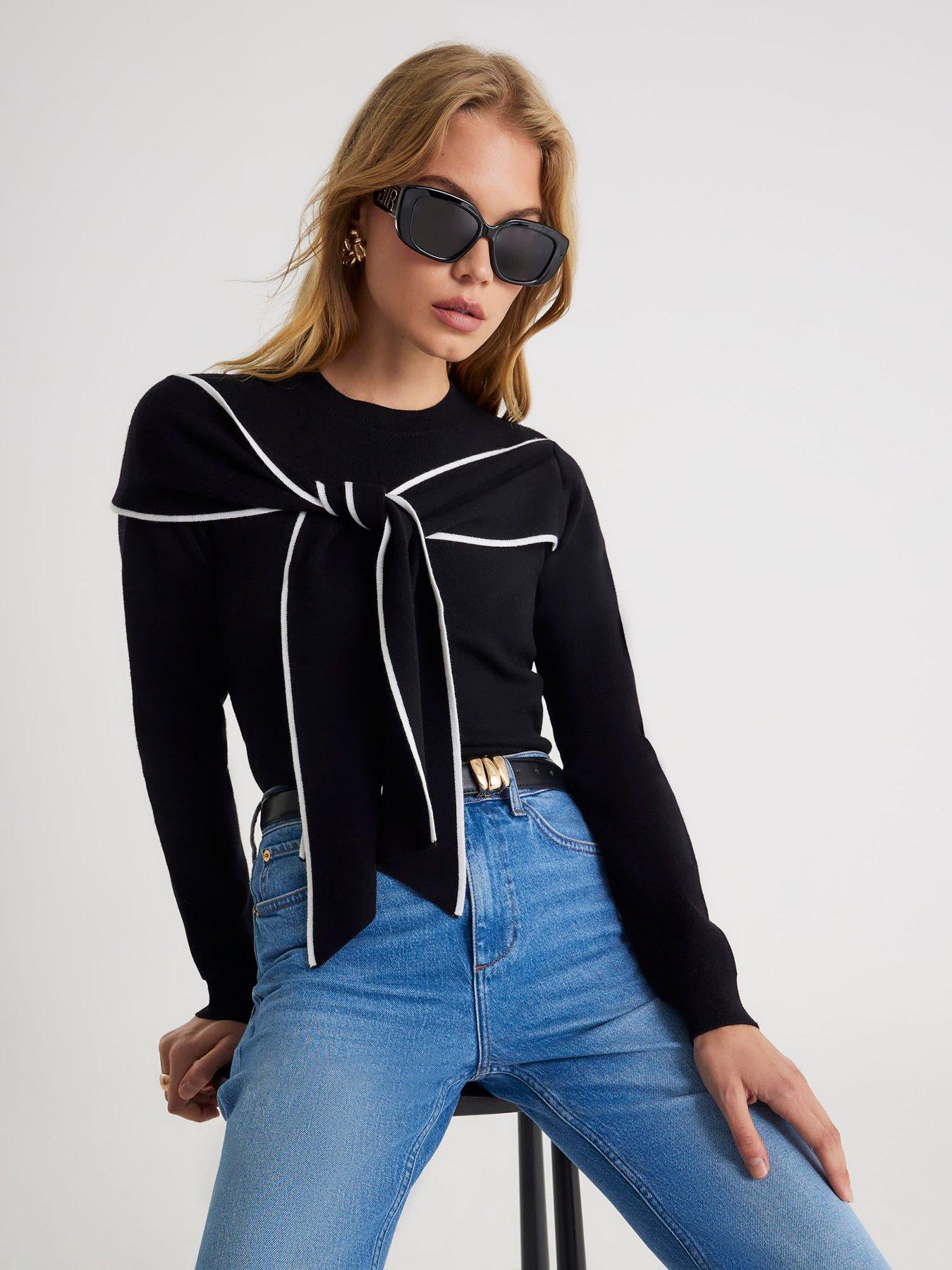  image of river-island-long-sleeve-mono-tipped-bow-knit-jumper-black