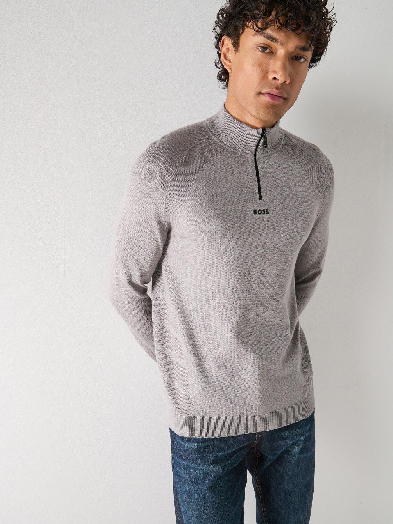  image of boss-seamless-quarter-zip-knitted-jumper-grey