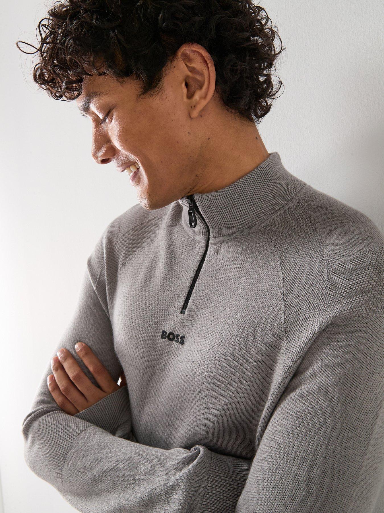  image of boss-seamless-quarter-zip-knitted-jumper-grey