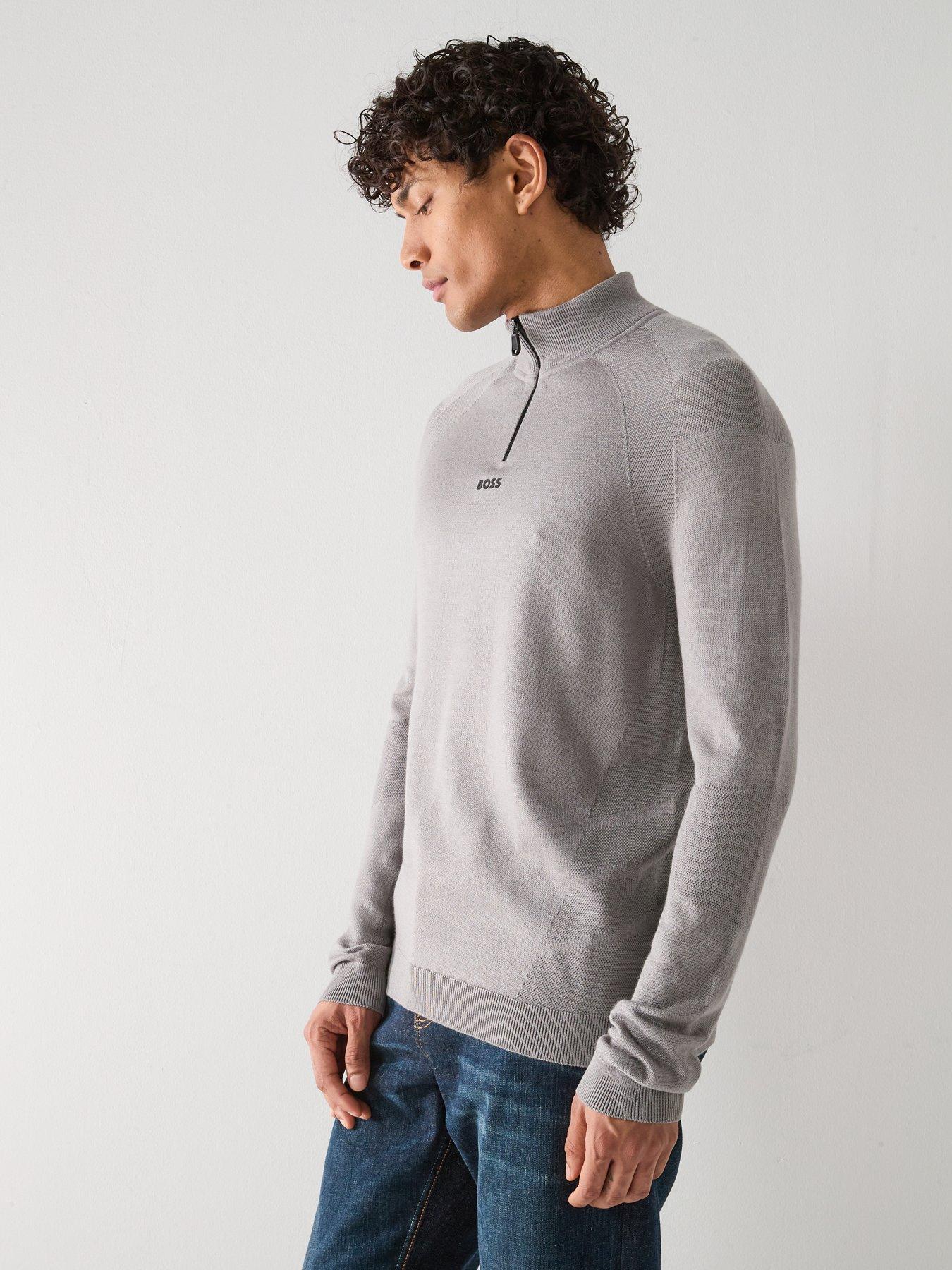  image of boss-seamless-quarter-zip-knitted-jumper-grey