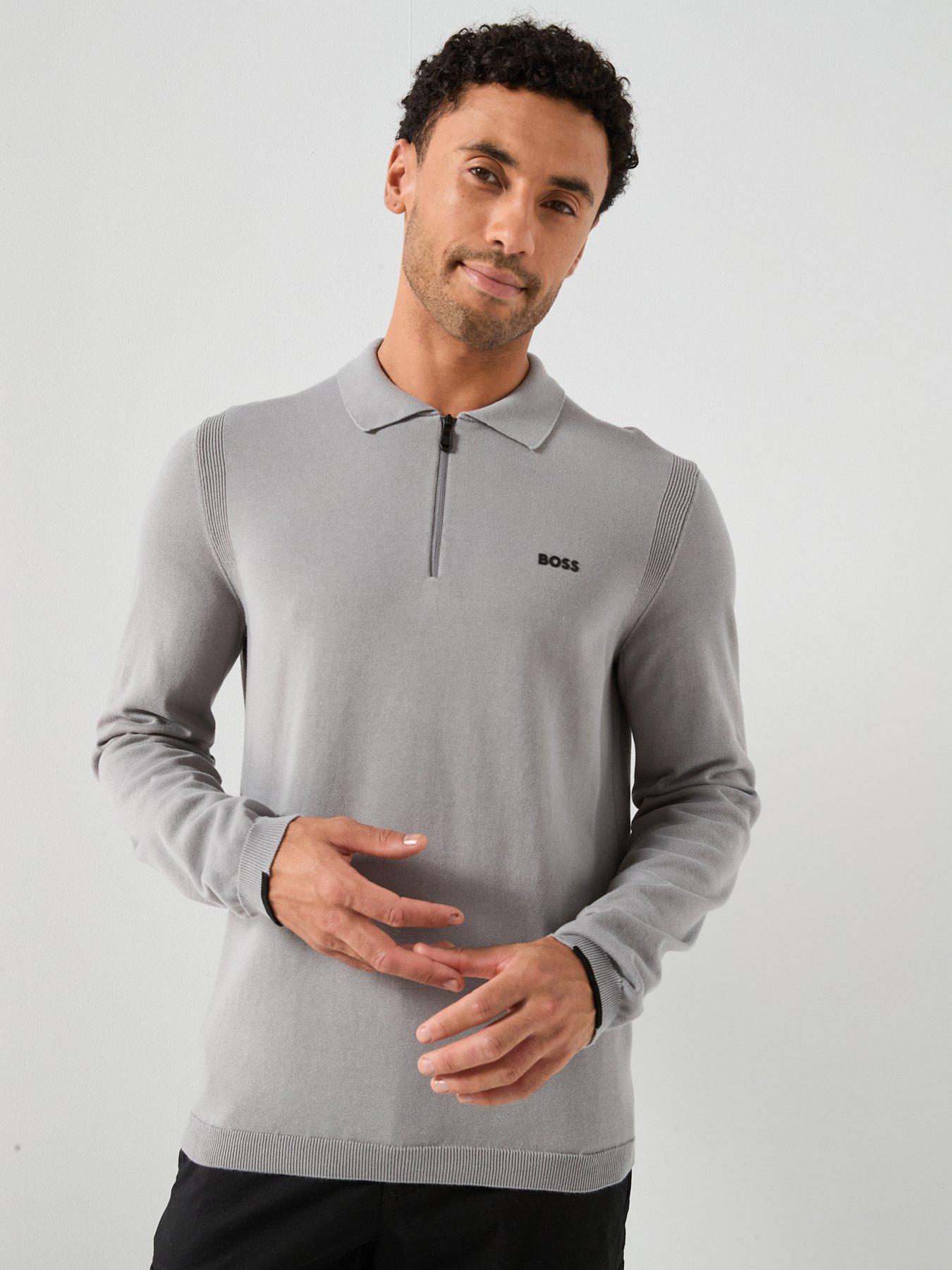 BOSS Ever_X Knitted Long Sleeve Polo Shirt - Grey