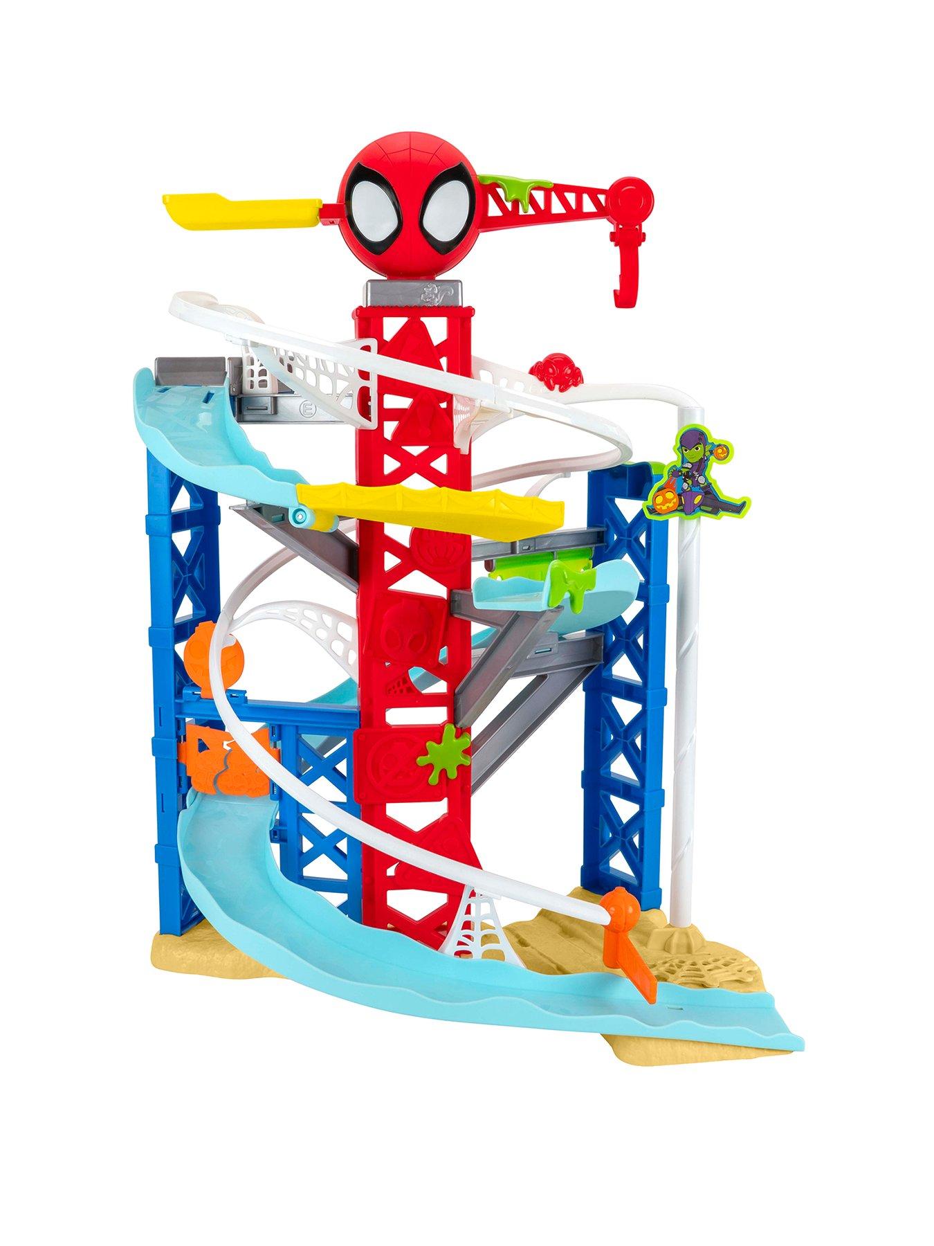undefined MARVEL Spidey and His Amazing Friends Construction Zone Chaos Track Set - 2-Foot High Dual Race Track with Zip Line, Play Zones, and Exclusive Vehicles