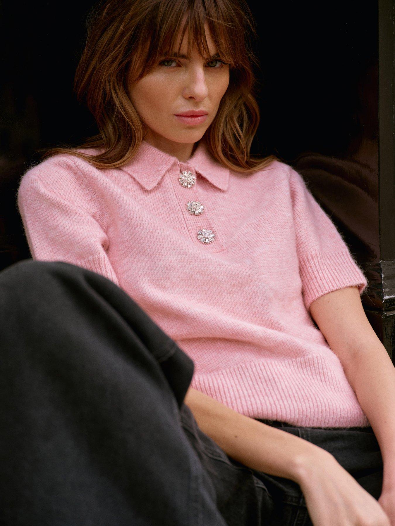 Image 2 of 6 of Mint Velvet Short Sleeve Collar Knit - Pink
