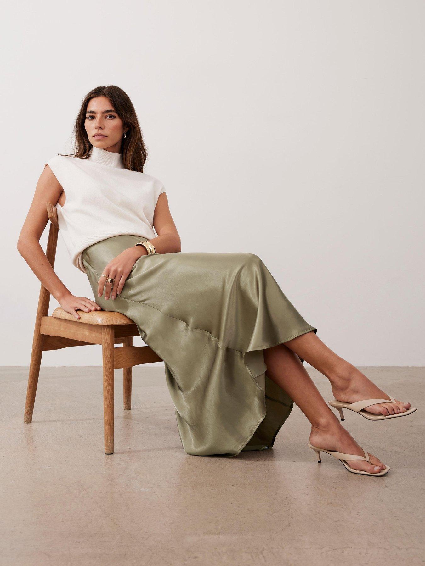 Image 1 of 6 of Mint Velvet Khaki Satin Slip Midi Skirt - Green