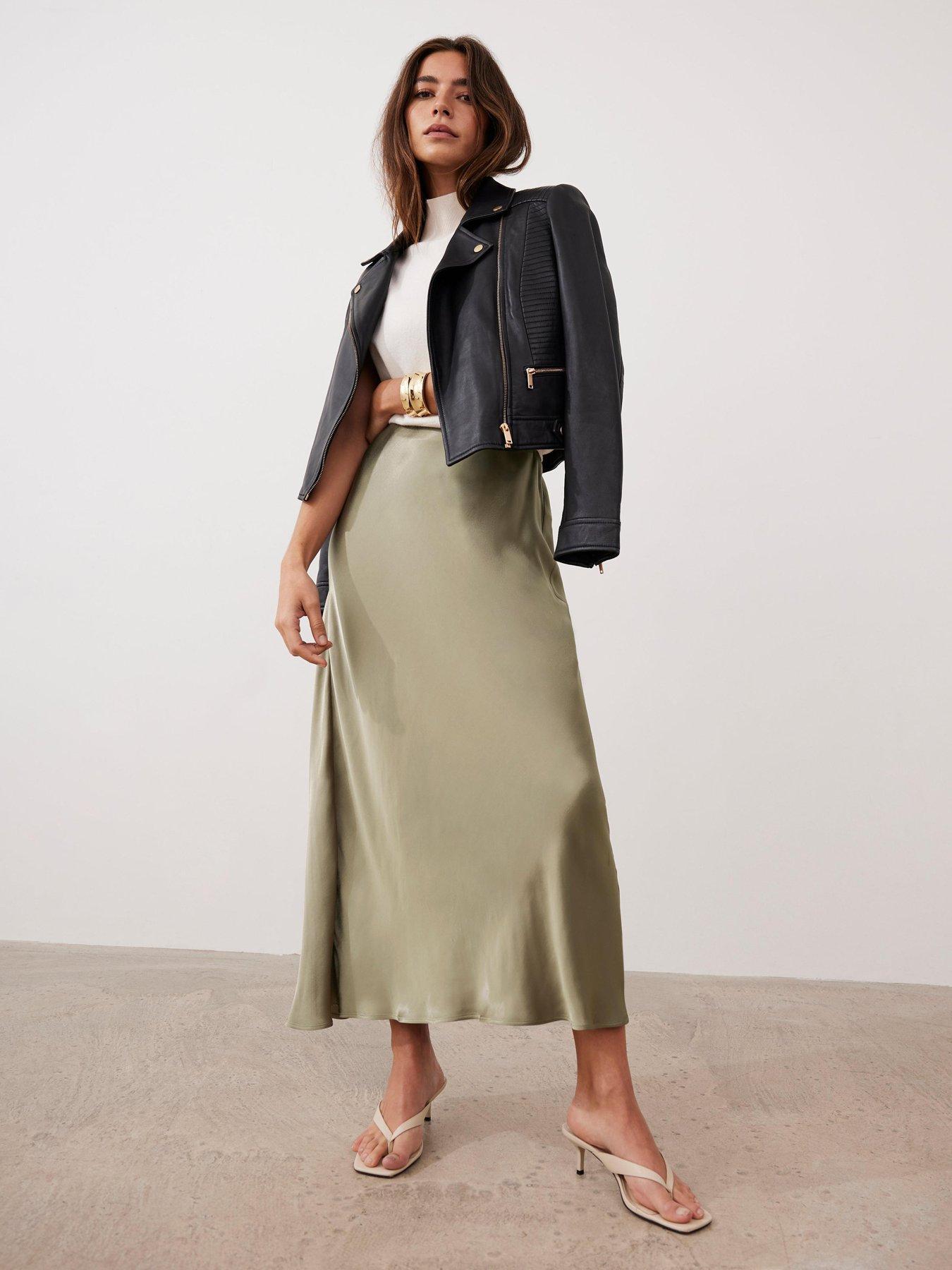 Image 2 of 6 of Mint Velvet Khaki Satin Slip Midi Skirt - Green