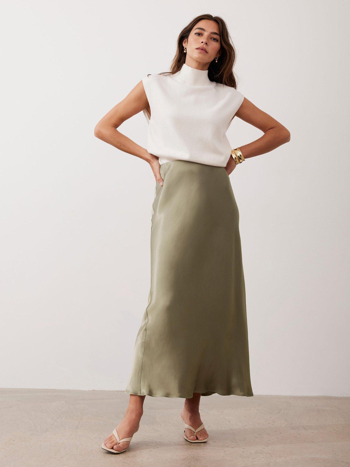 Image 3 of 6 of Mint Velvet Khaki Satin Slip Midi Skirt - Green