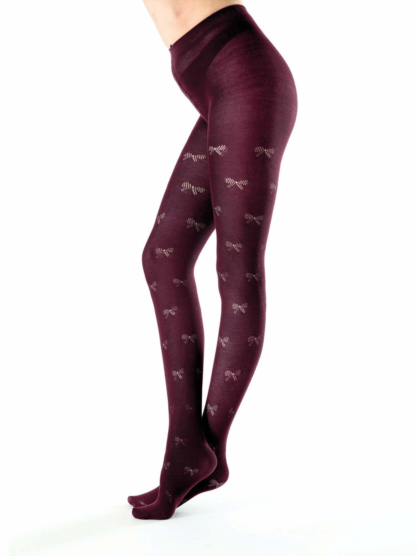 Image 1 of 2 of Pretty Polly Knit Bow Pattern Tights - Burgundy