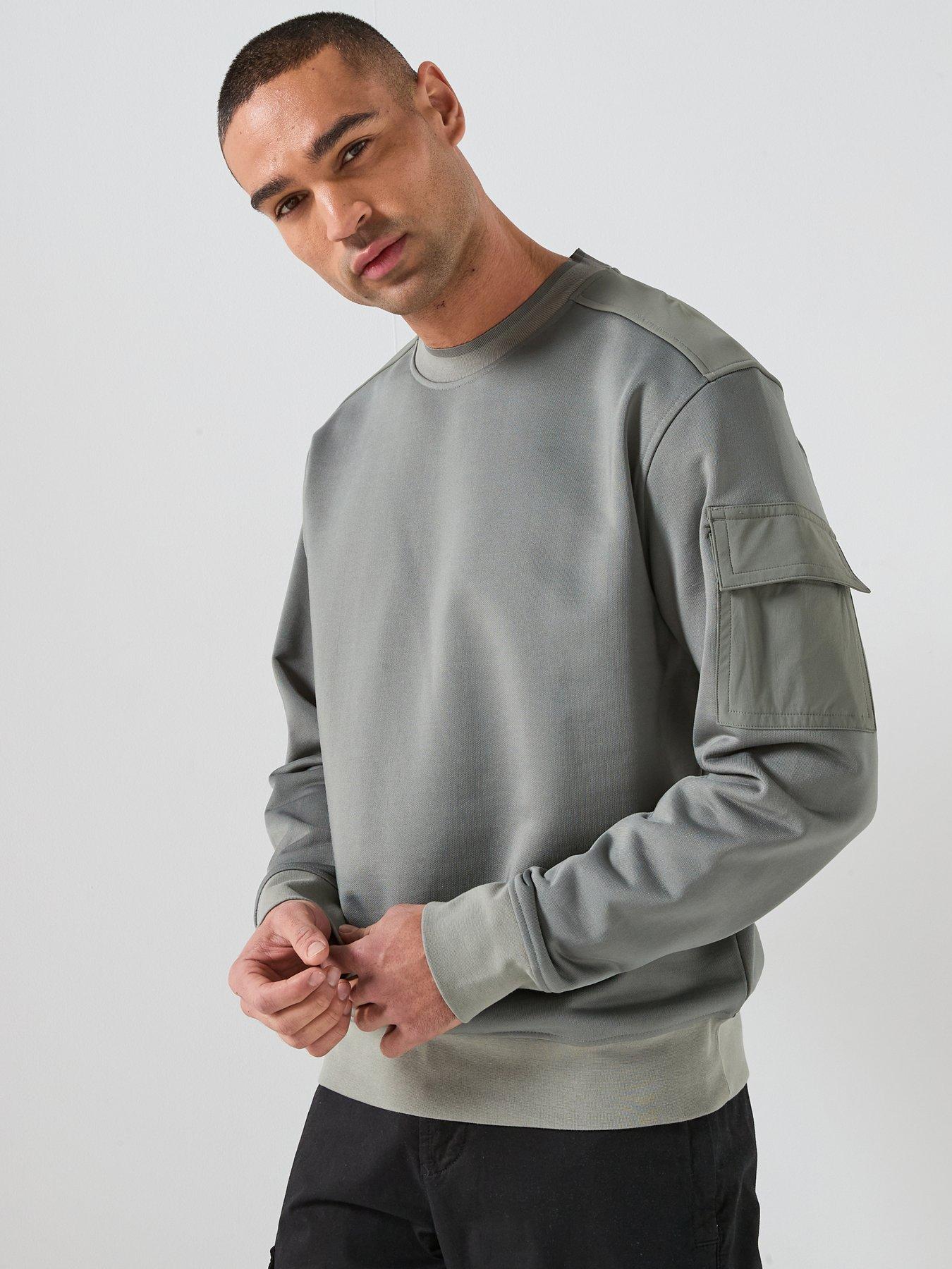 front image of boss-arm-pocket-crew-sweatshirt-grey