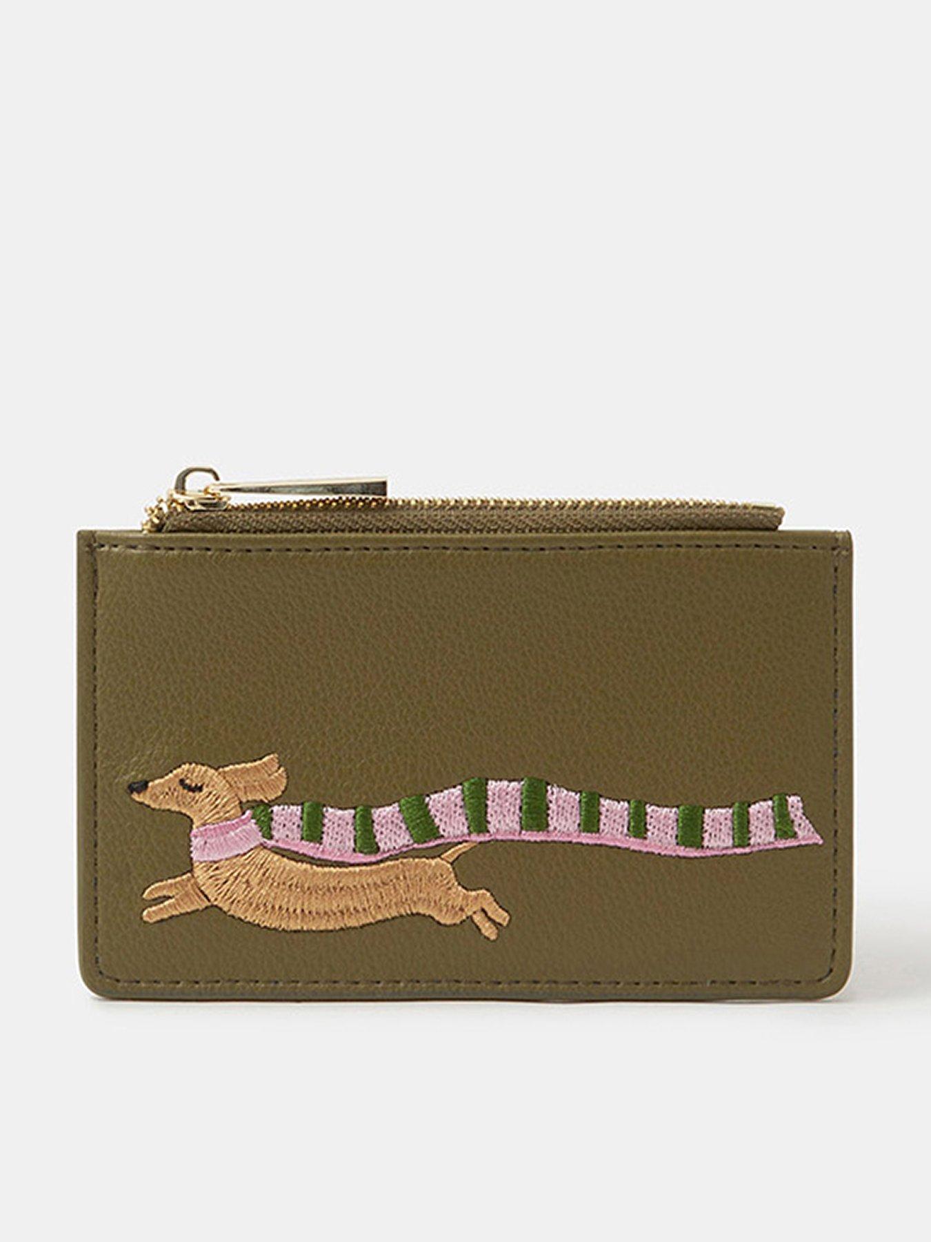  image of accessorize-sausage-dog-embroidered-card-holder-green