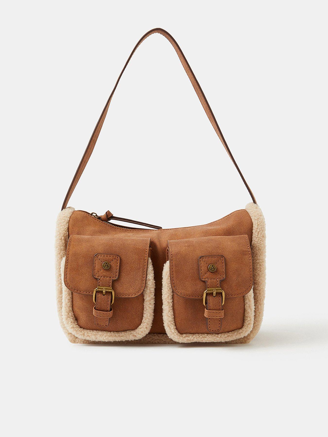 Image 1 of 4 of Accessorize Faux Shearling Pocket Shoulder Bag - Brown