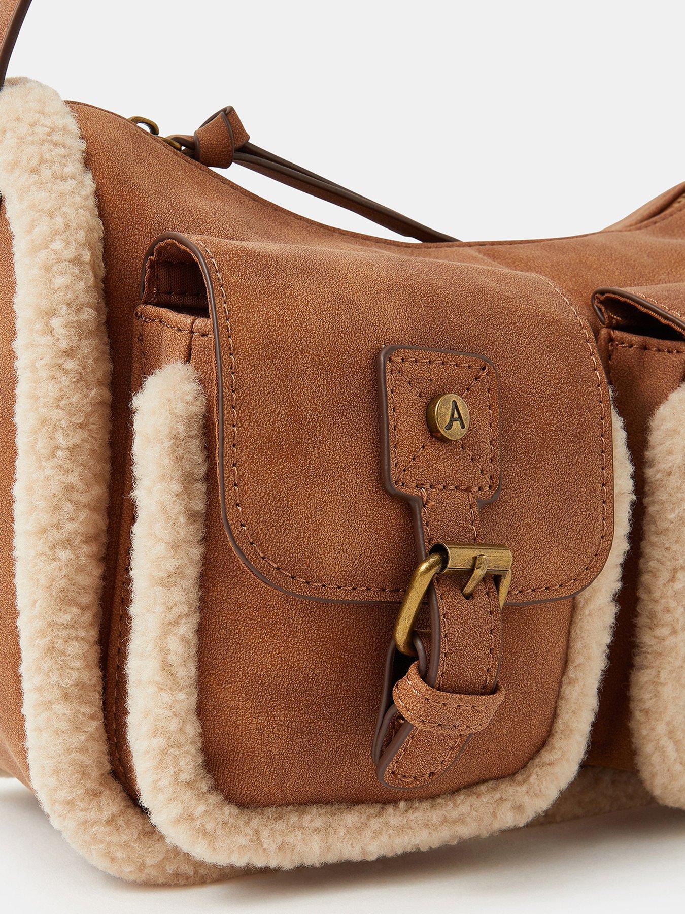 Image 3 of 4 of Accessorize Faux Shearling Pocket Shoulder Bag - Brown