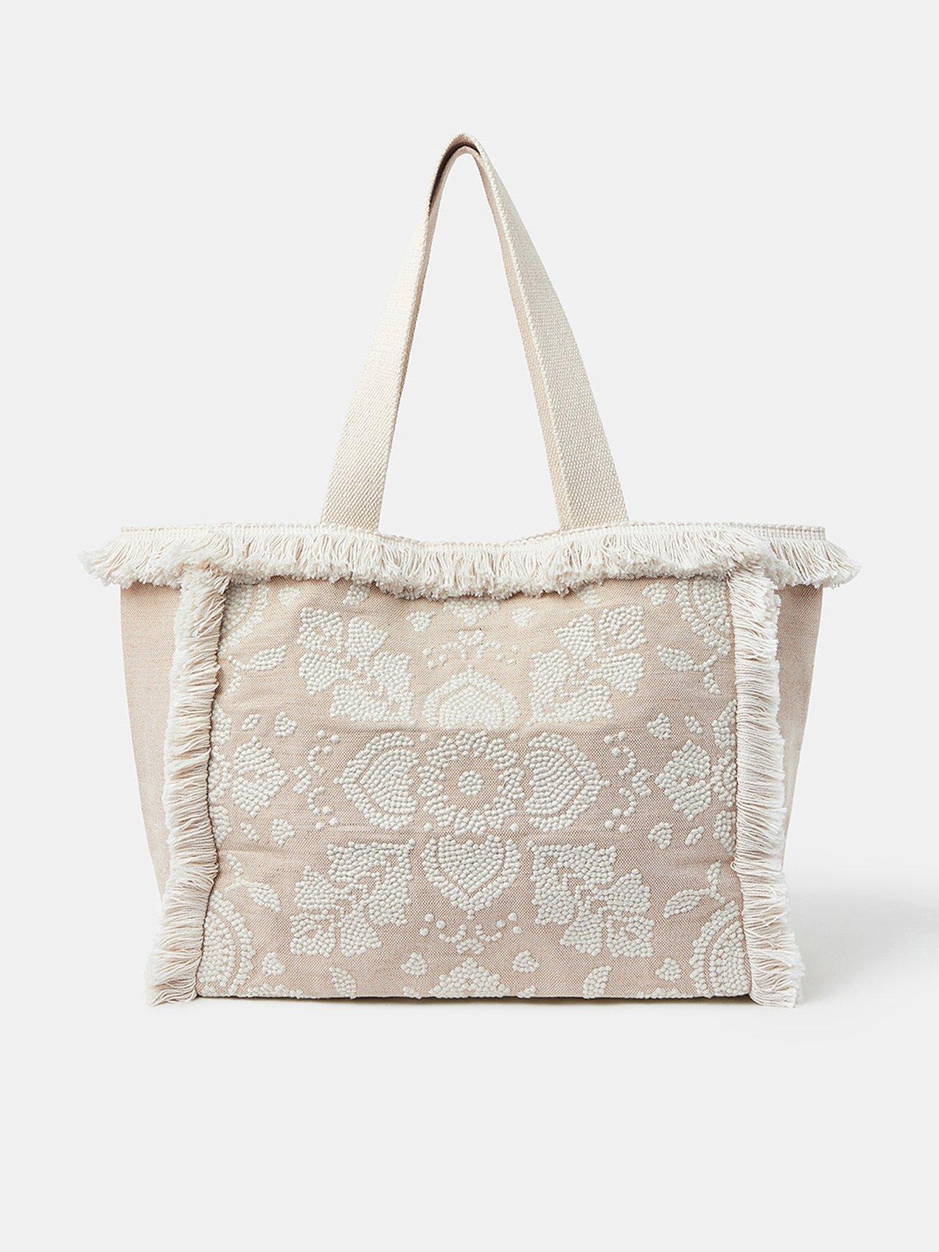 Image 1 of 5 of Accessorize Embroidered Fringe Tote Bag - Natural