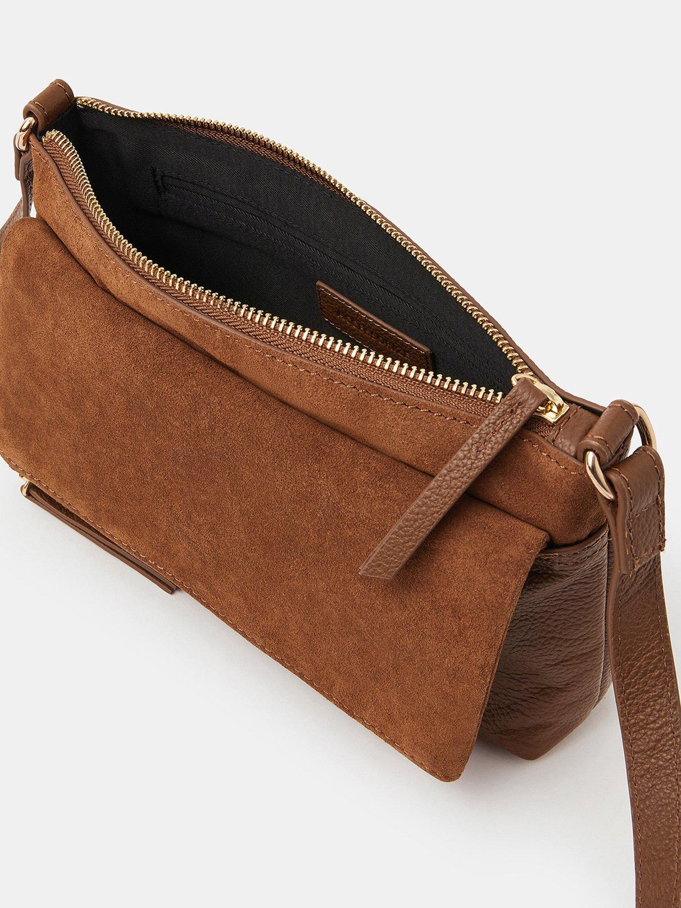 Image 5 of 5 of Accessorize Fold Over Zip Leather Crossbody Bag - Brown