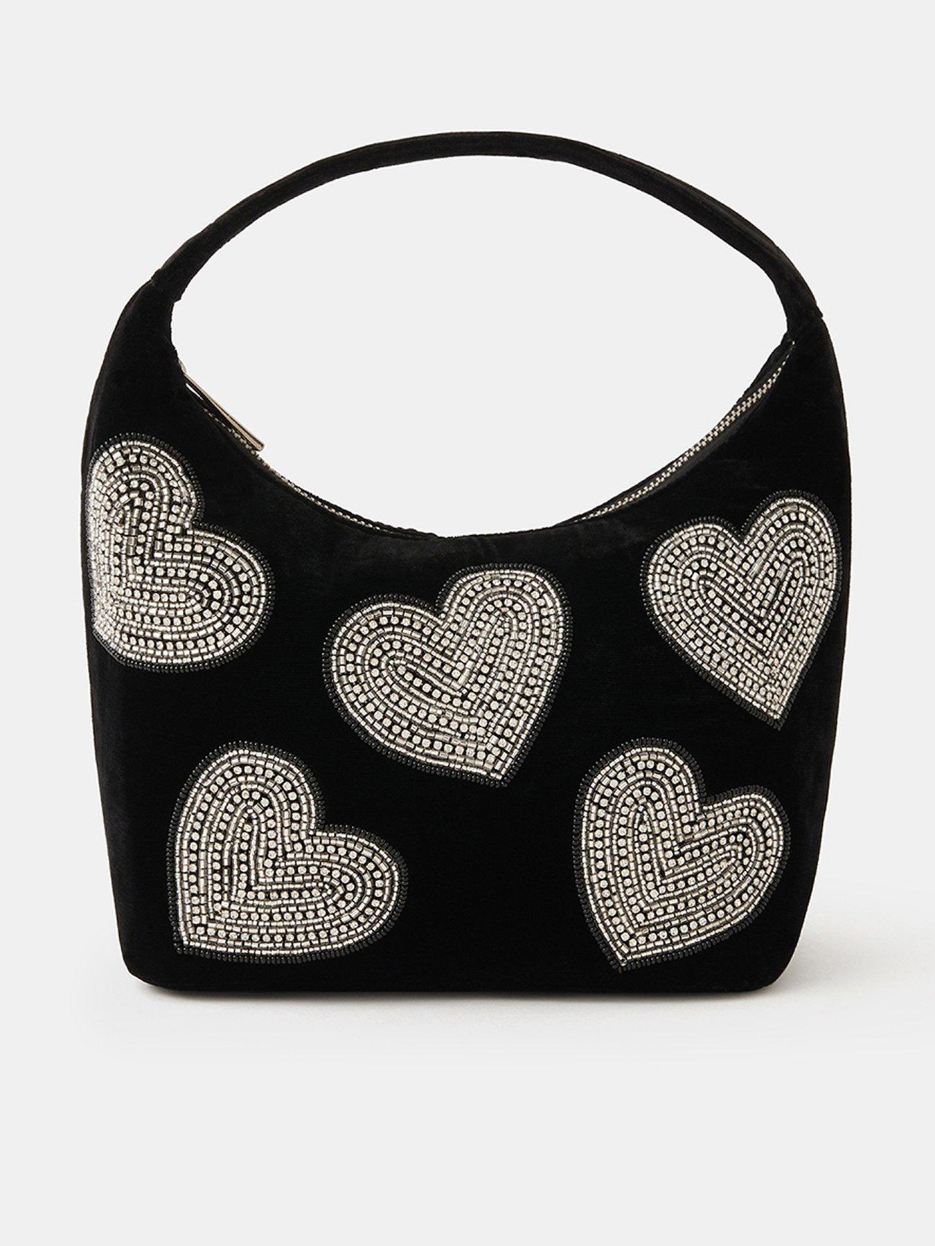 Image 1 of 4 of Accessorize Heart Embellished Velvet Handbag - Black