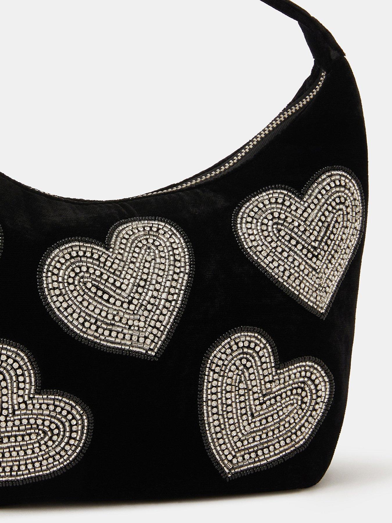 Image 3 of 4 of Accessorize Heart Embellished Velvet Handbag - Black