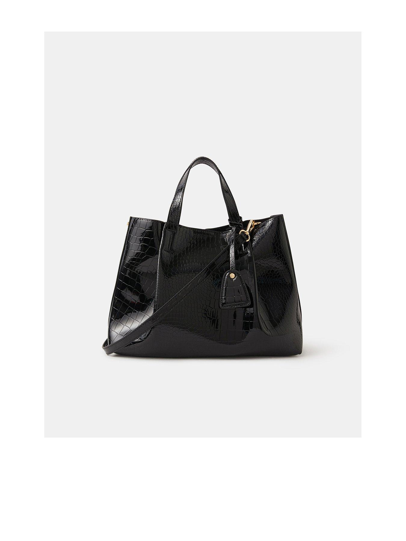  image of accessorize-faux-croc-skin-patent-tote-bag-black
