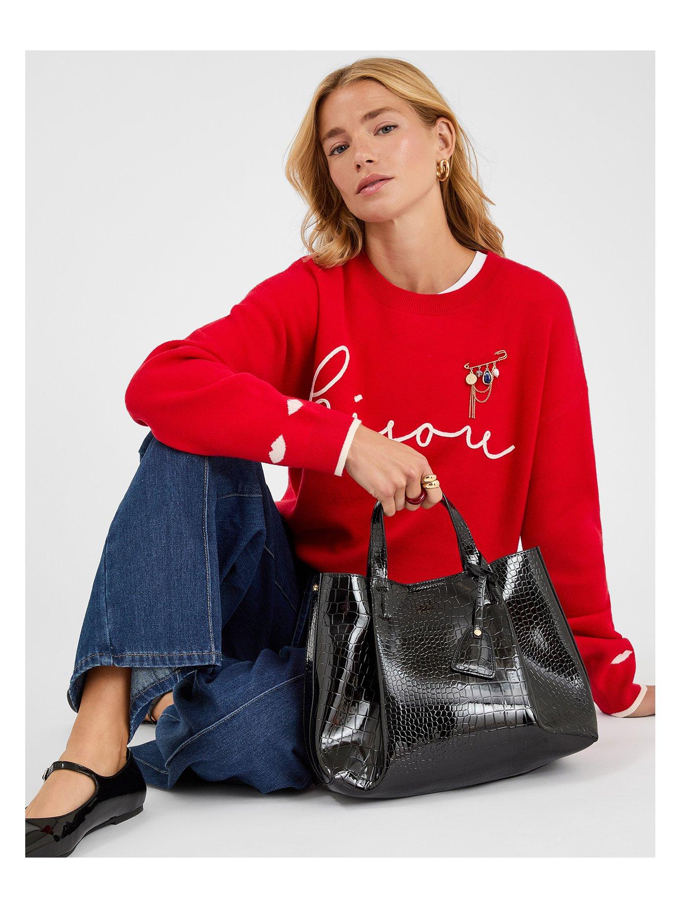  image of accessorize-faux-croc-skin-patent-tote-bag-black